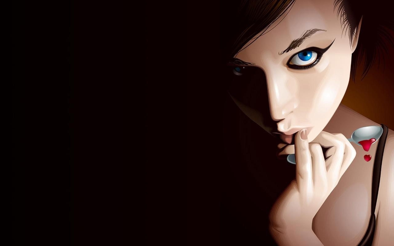 Woman with blue eyes and spoon with red liquid HD Wallpaper
