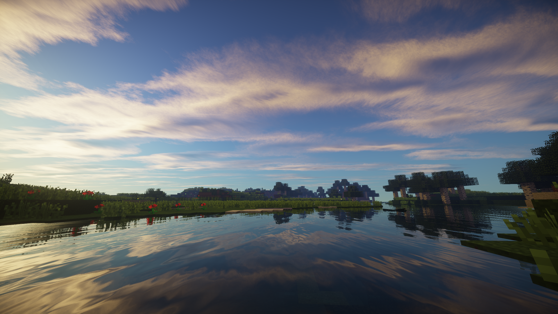 Minecraft landscape with lake and clouds at sunset HD Wallpaper