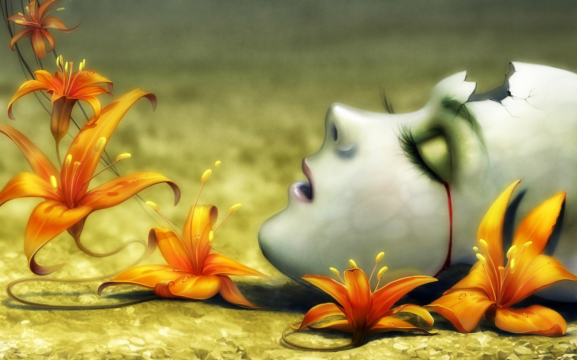 Cracked porcelain face with orange lilies HD Wallpaper