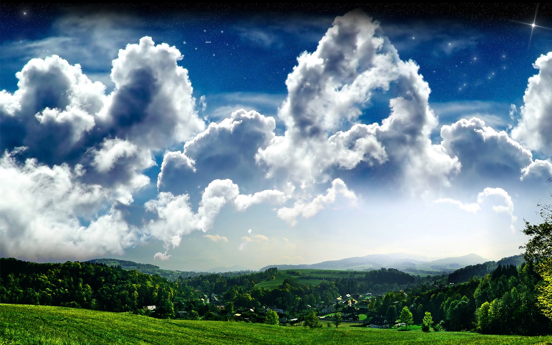 Clouds over a green landscape with a starry sky HD Wallpaper