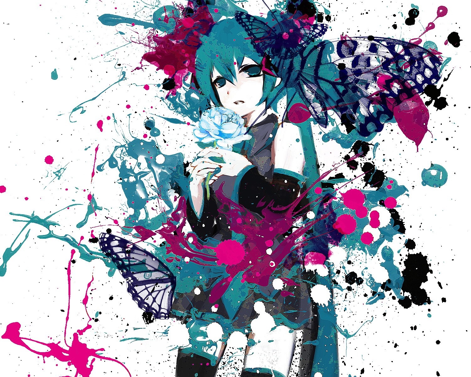 Hatsune Miku with Butterflies and Paint Splatters HD Wallpaper
