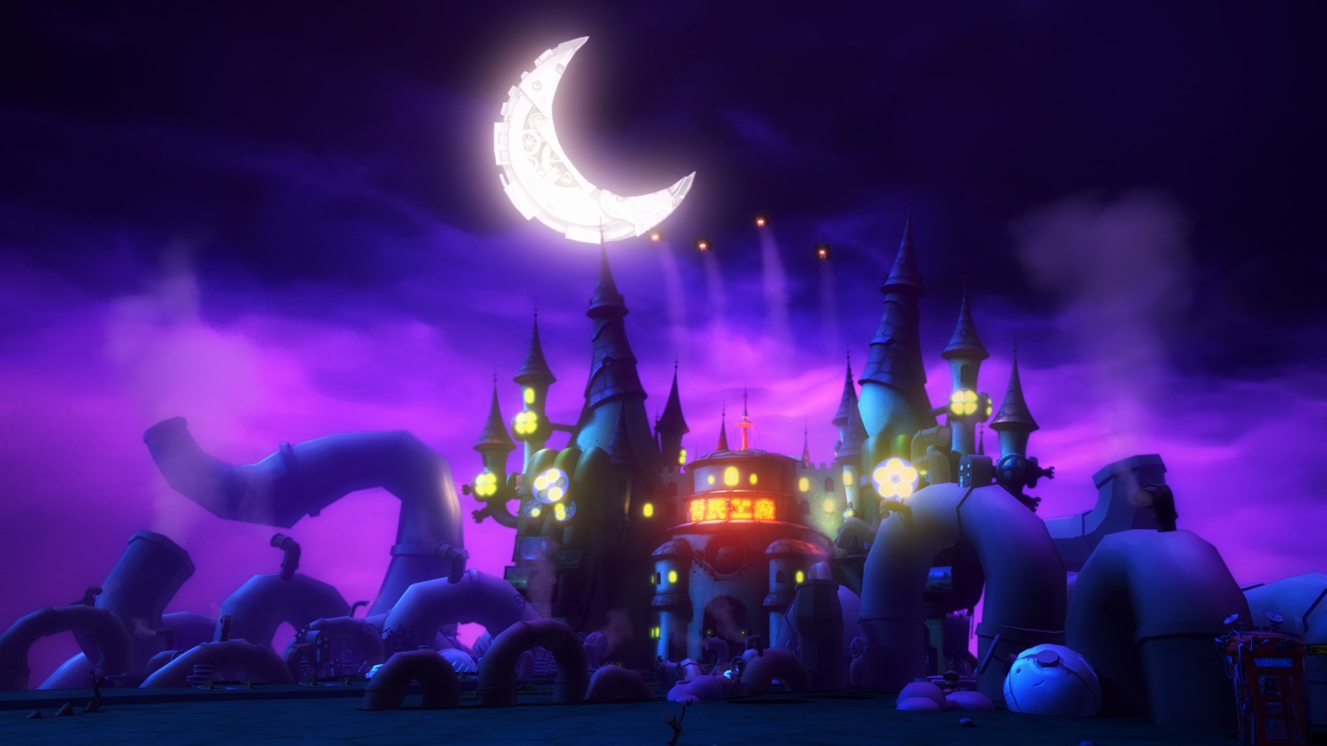 Fantasy castle with pipes under a crescent moon HD Wallpaper