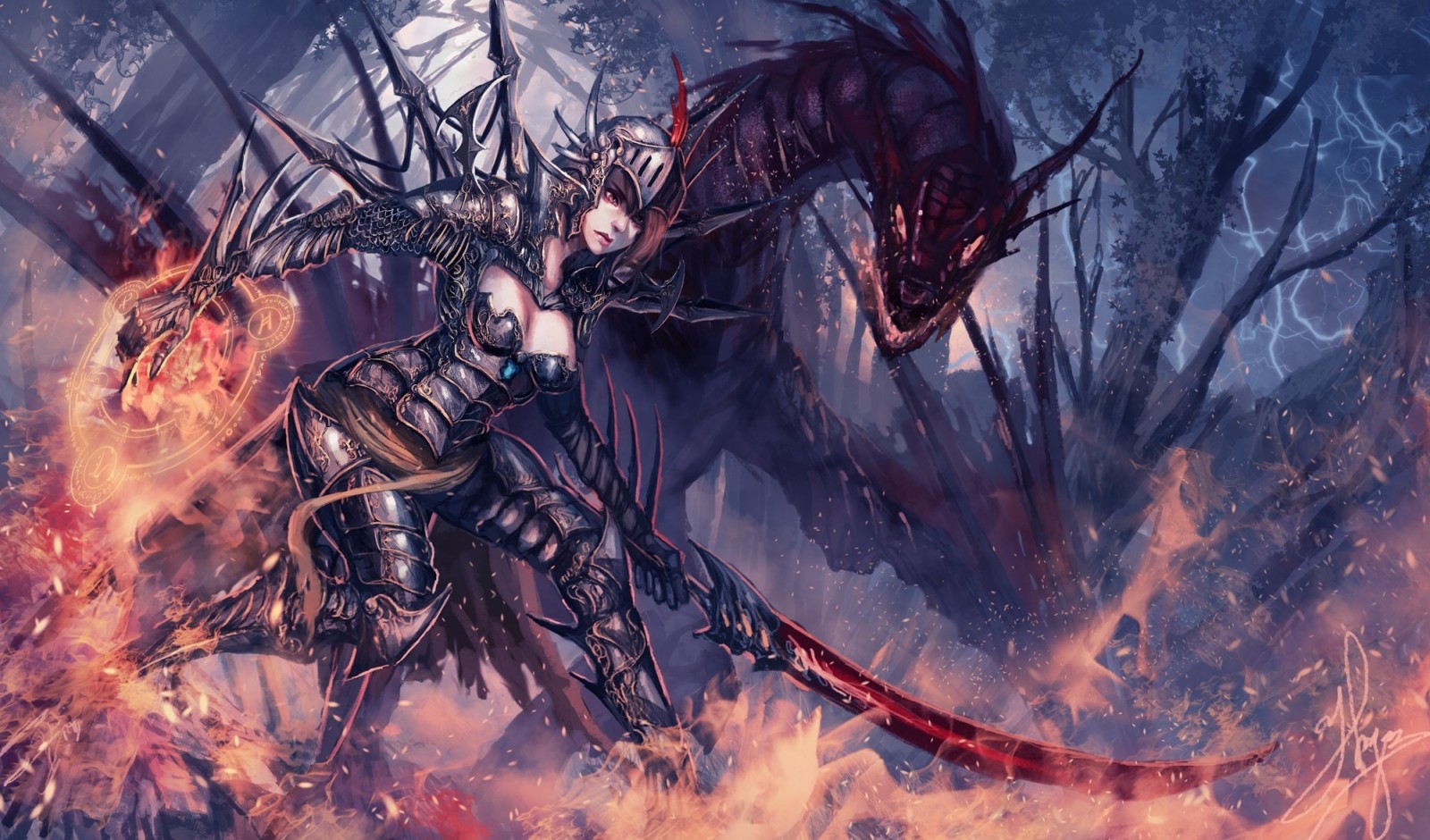 Fantasy art of a warrior woman and a dragon HD Wallpaper