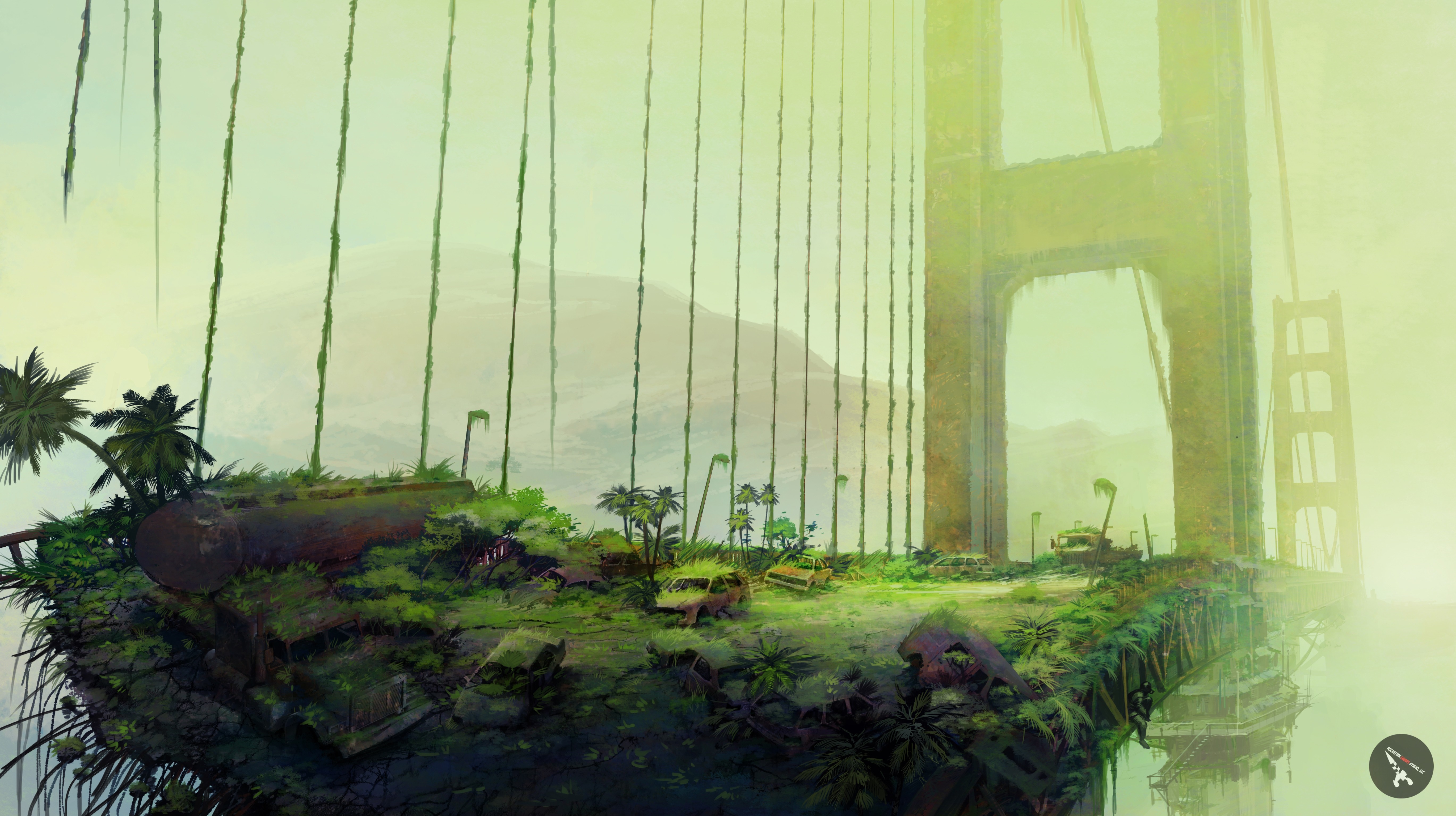 Apocalyptic Golden Gate Bridge overgrown with nature HD Wallpaper