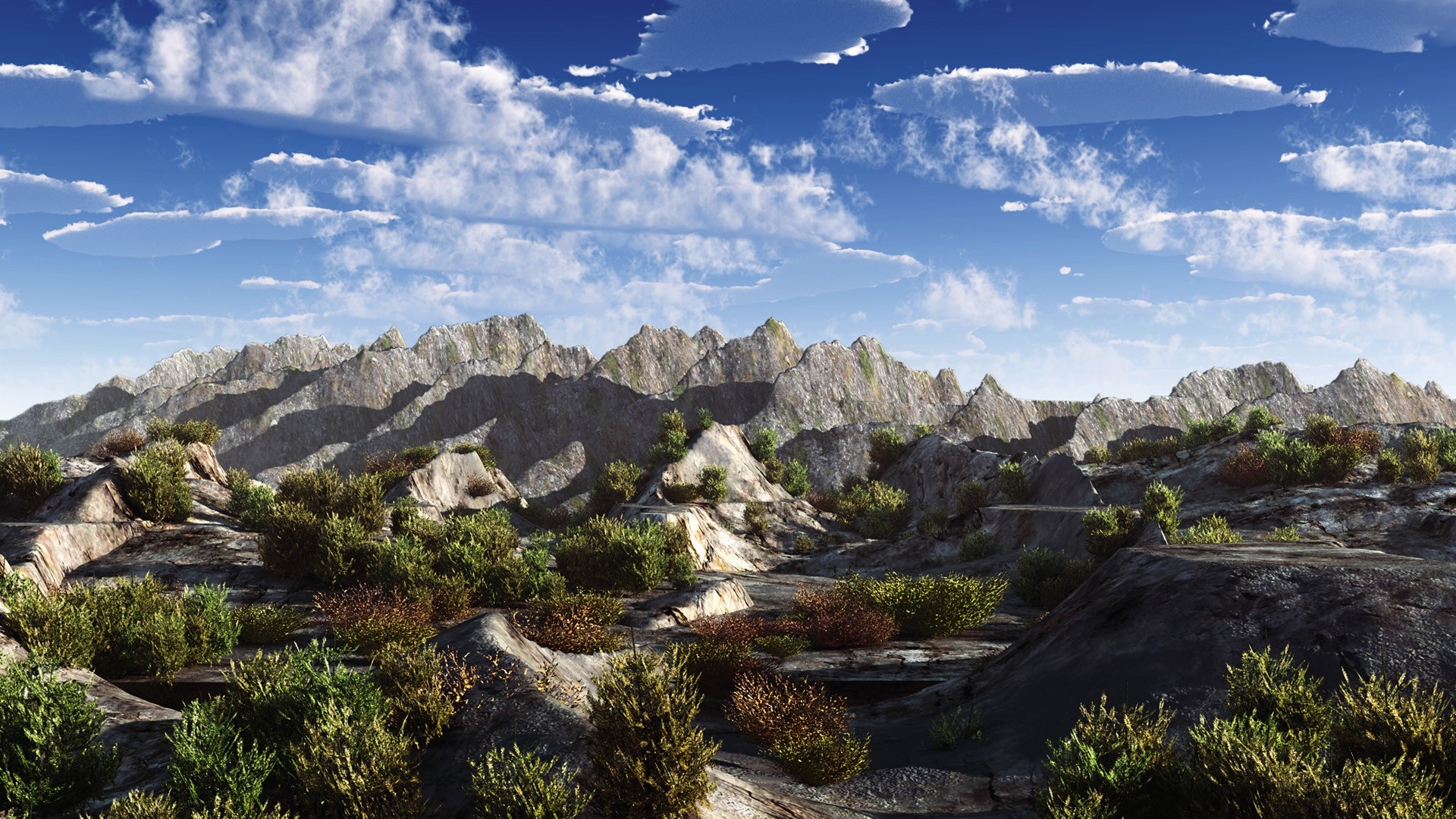 Mountain range with green bushes and blue sky HD Wallpaper