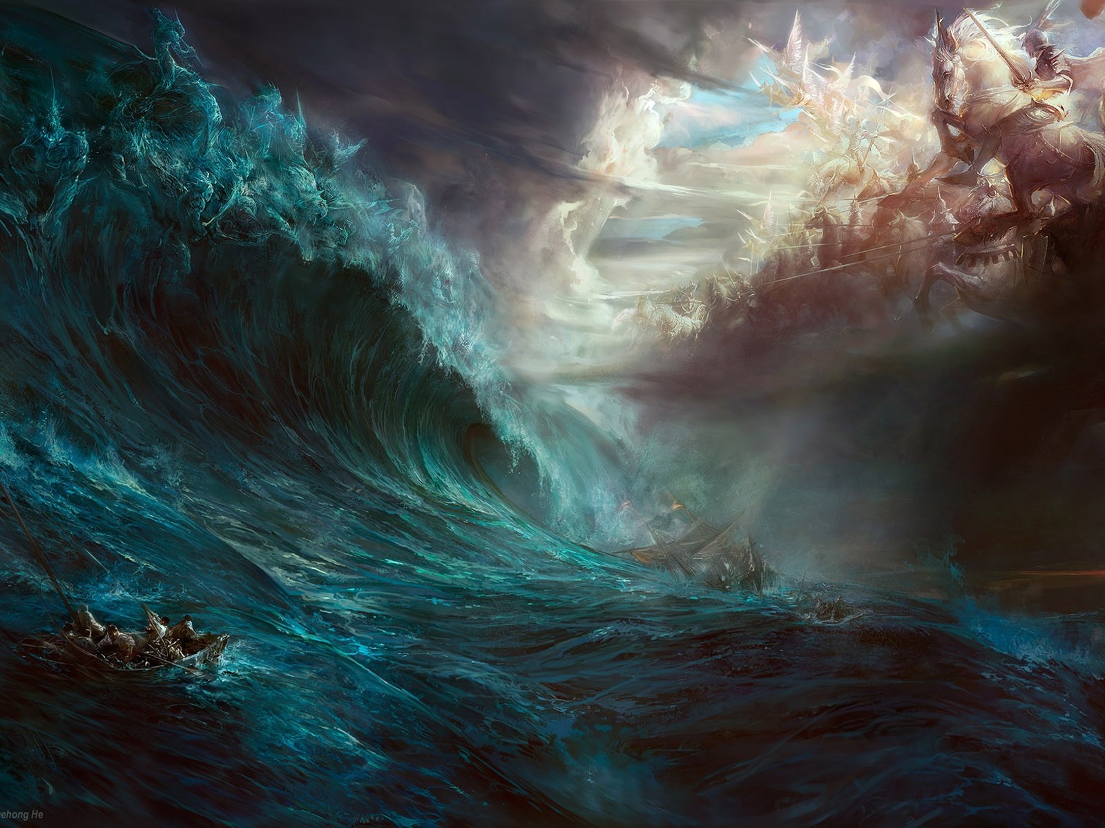 Fantasy art of a massive wave and a ghostly army on horseback HD Wallpaper