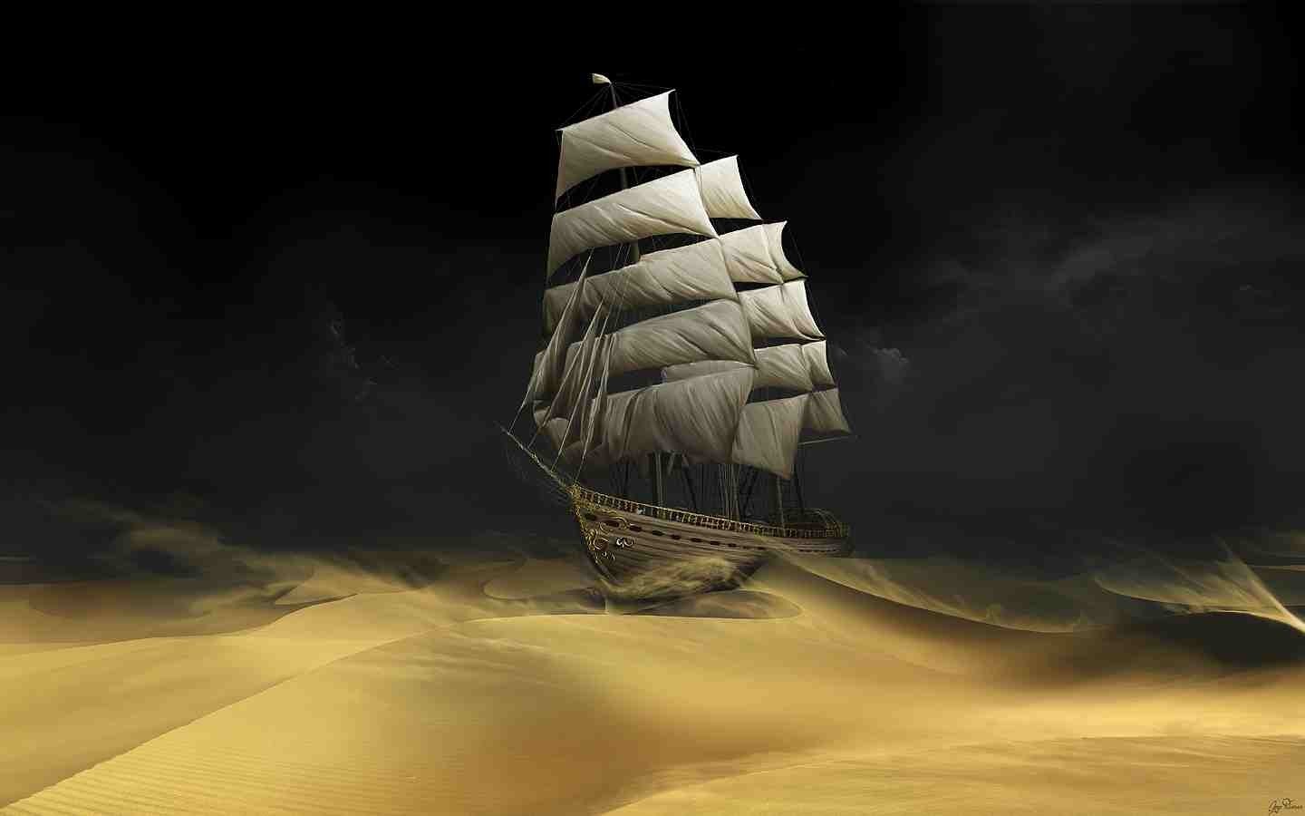 A ghost ship sailing through a desert HD Wallpaper