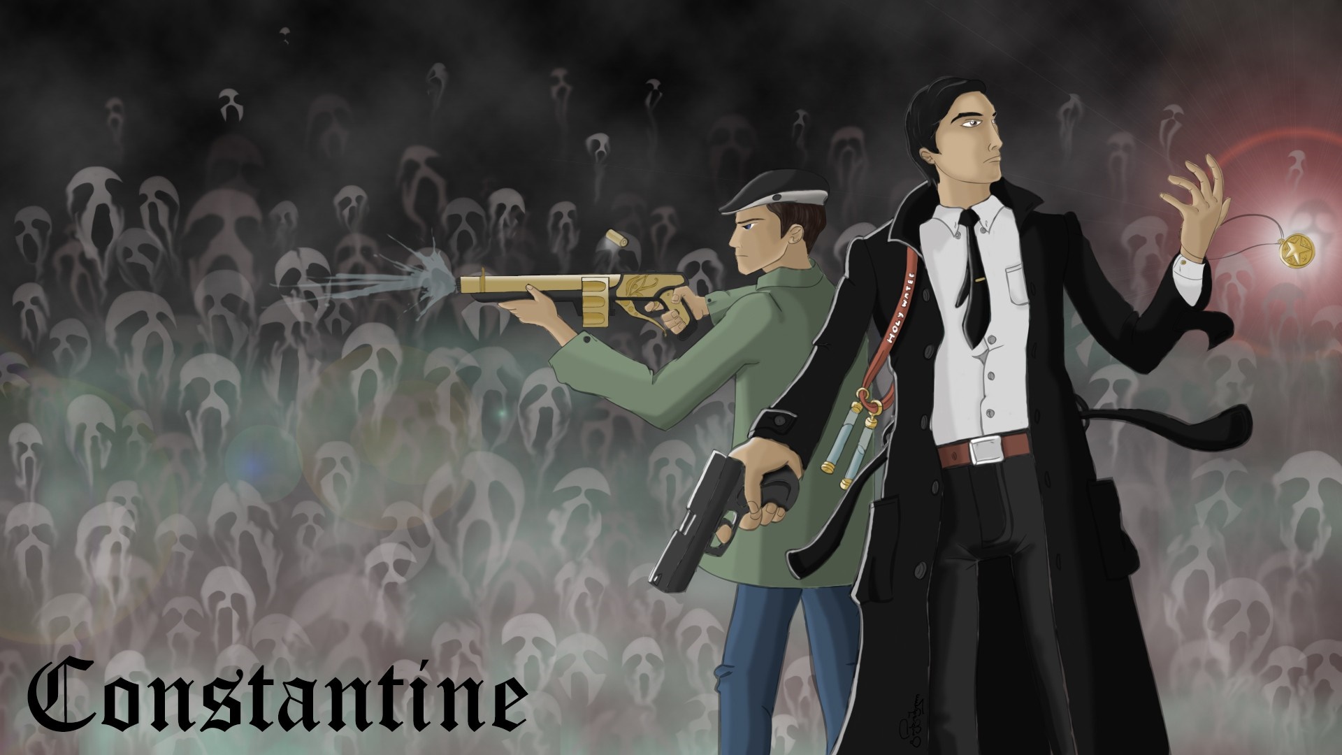 John Constantine and companion fighting ghosts HD Wallpaper