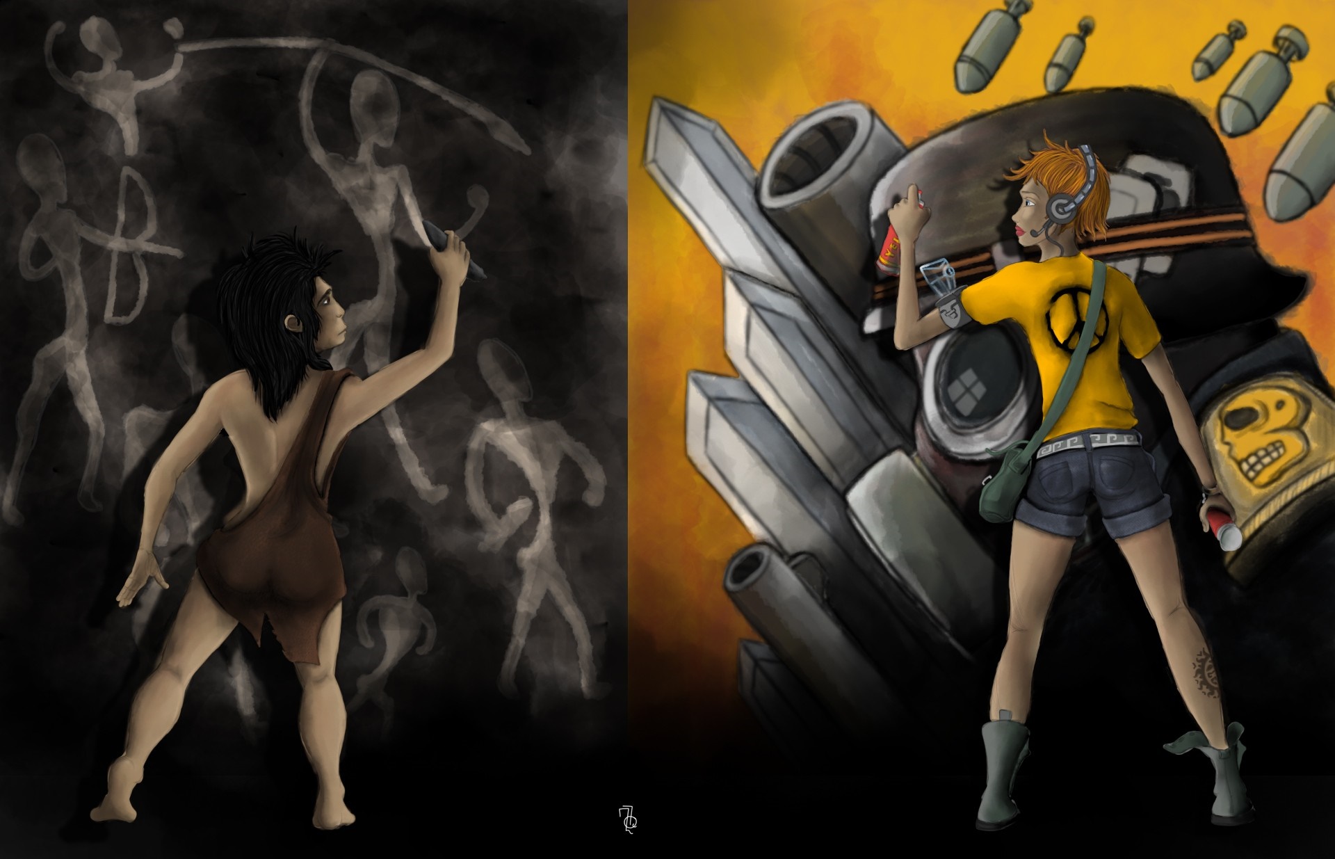 Cave painter and modern artist spray painting a robot HD Wallpaper