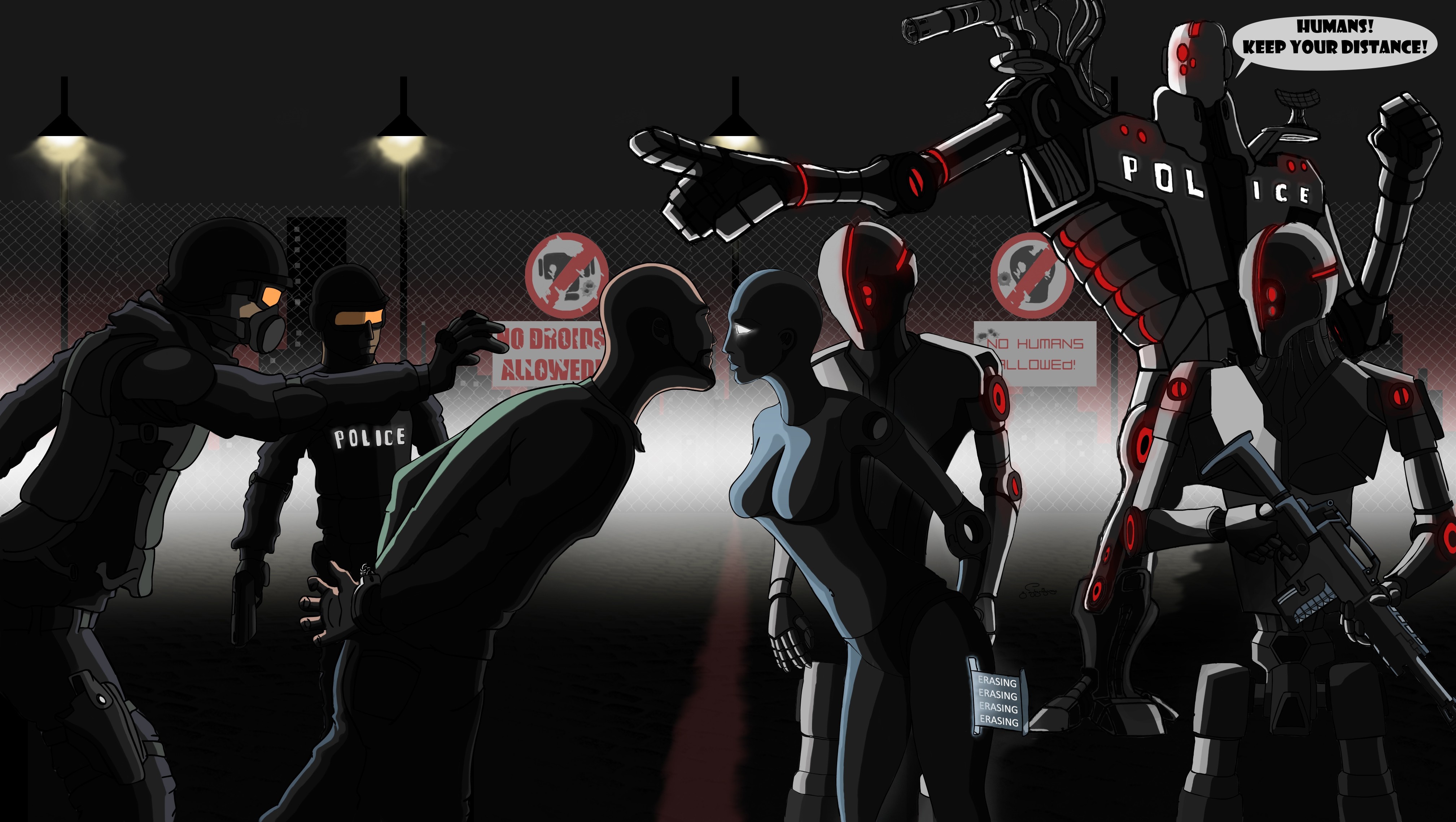 Man vs. Drones Police Confrontation HD Wallpaper
