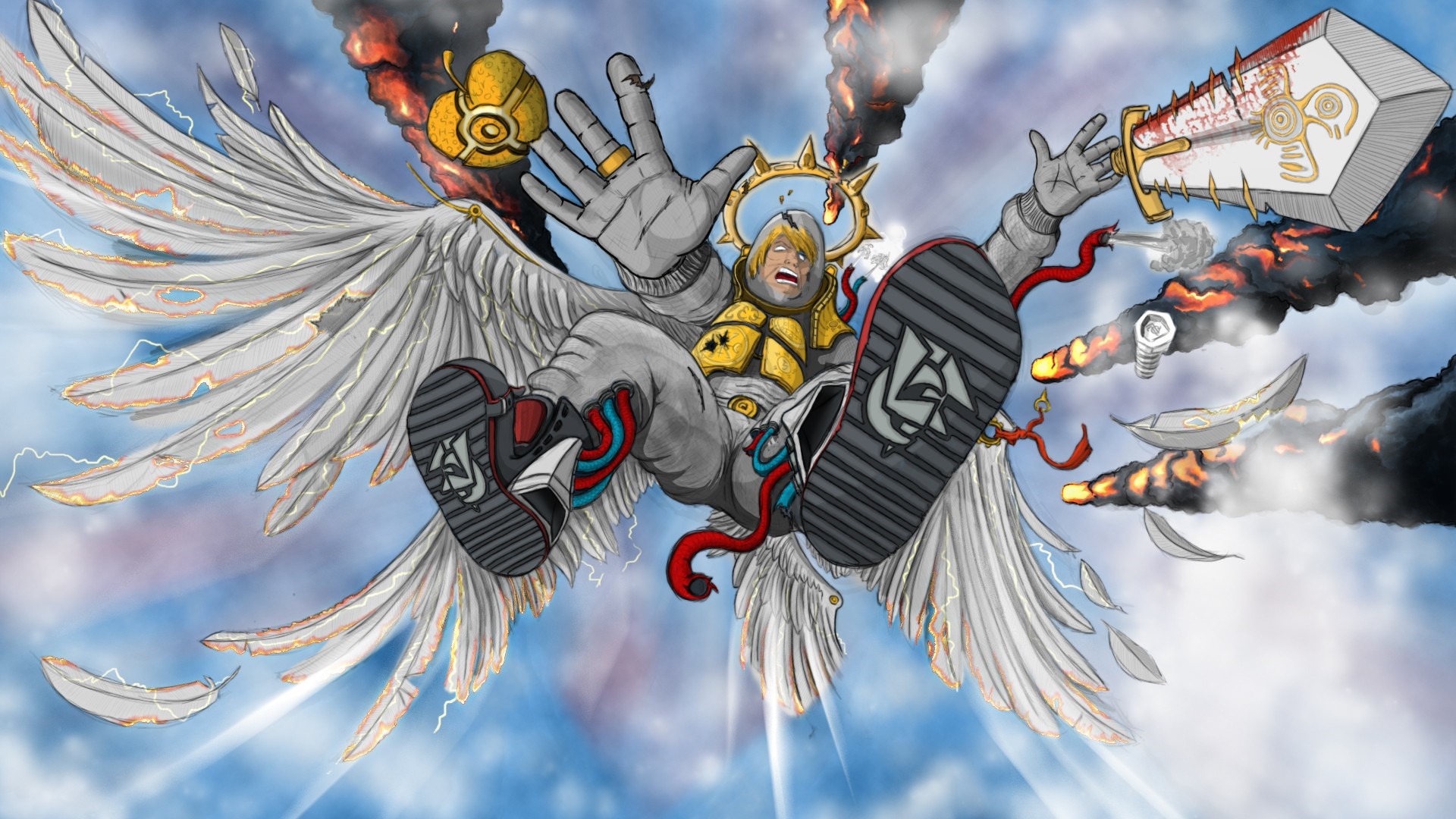 Angel falling with sword and wings HD Wallpaper