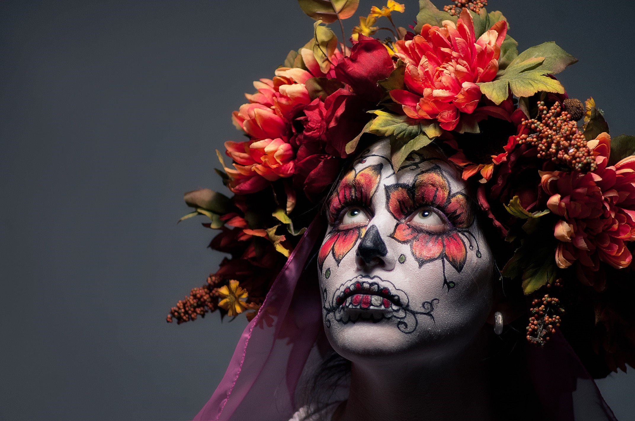 Woman with Sugar Skull makeup and flower crown HD Wallpaper