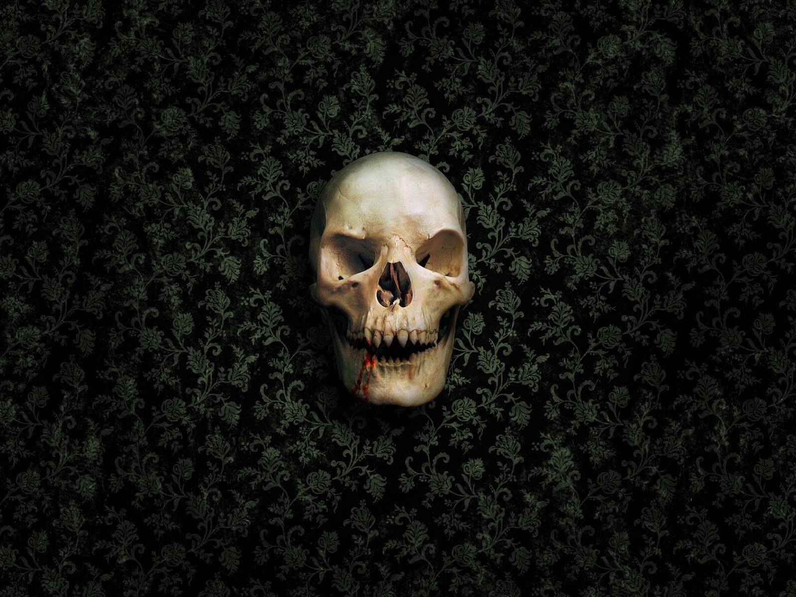 Skull with blood on dark floral wallpaper HD Wallpaper