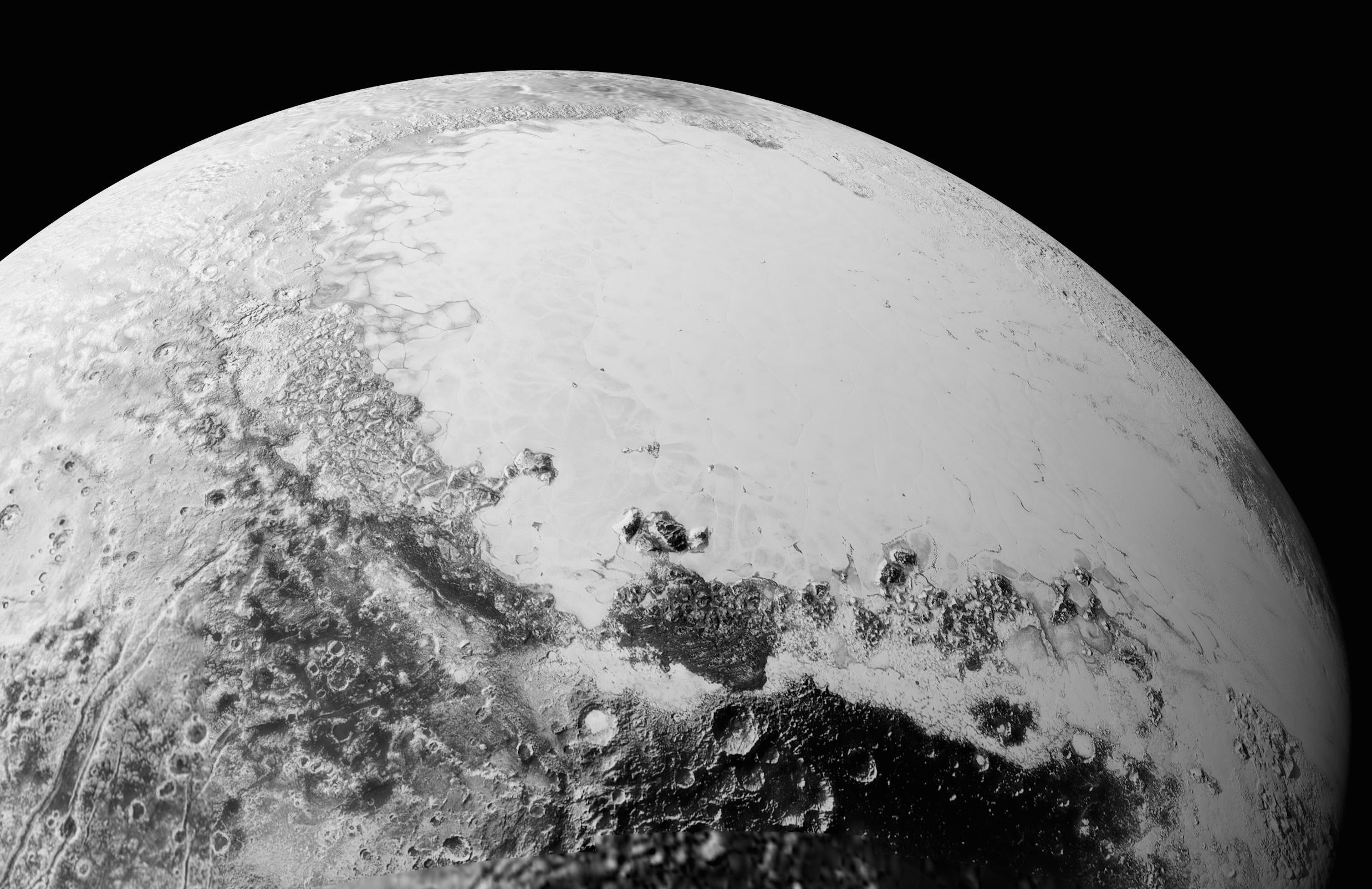 Pluto's icy plains and cratered terrain HD Wallpaper