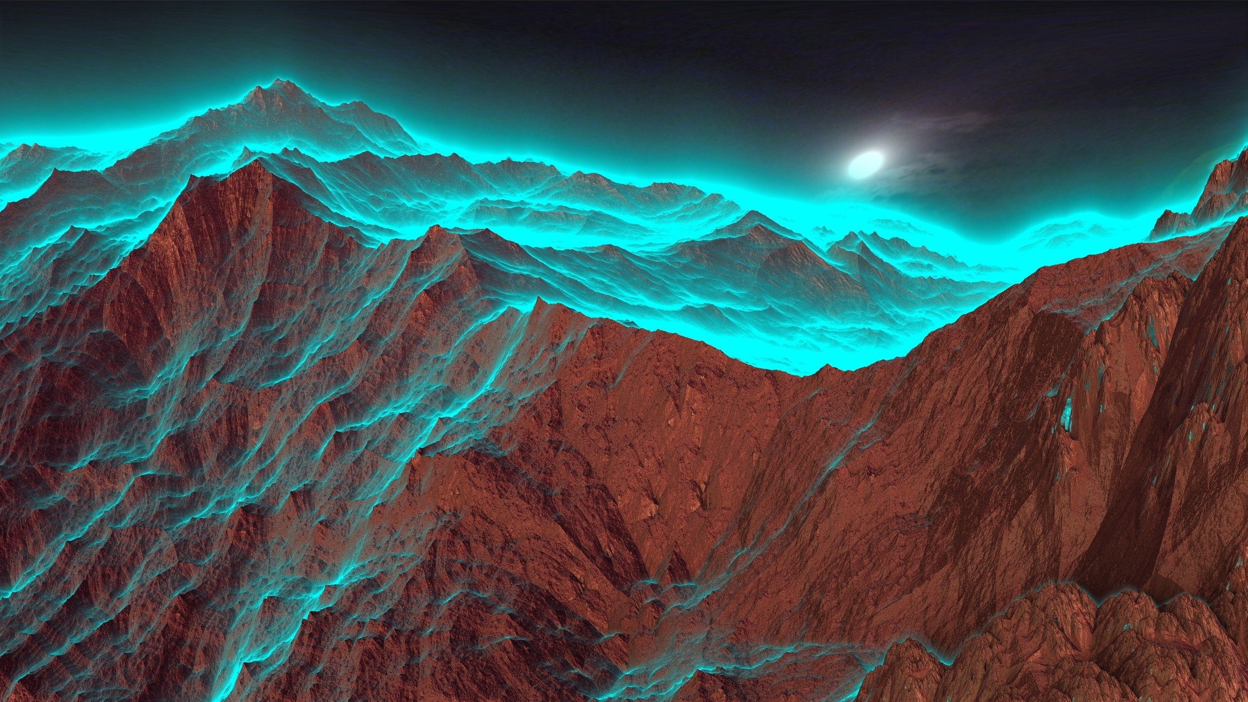 Digital art of a surreal mountain range with glowing blue mist HD Wallpaper