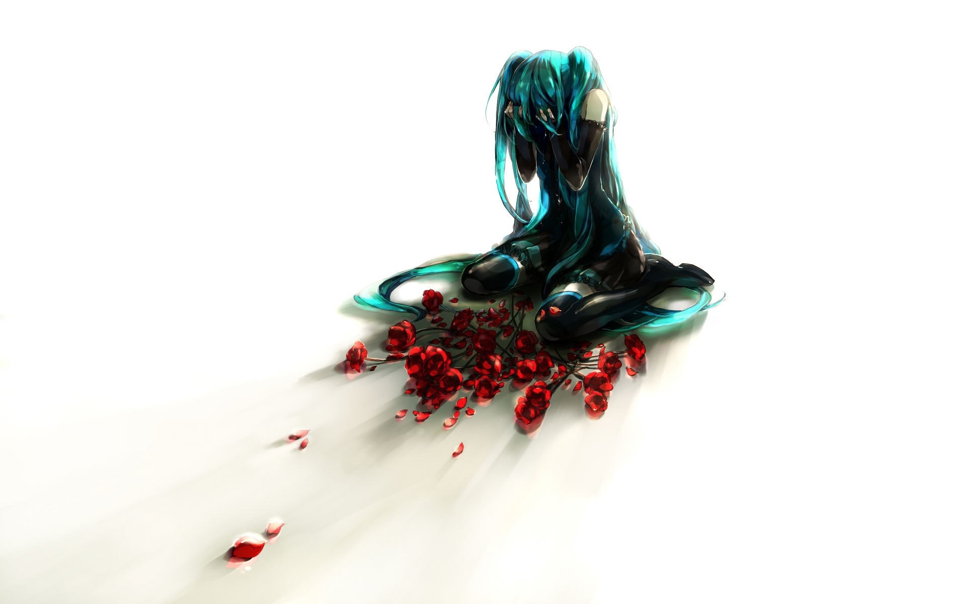 Hatsune Miku from Vocaloid crying with red roses HD Wallpaper