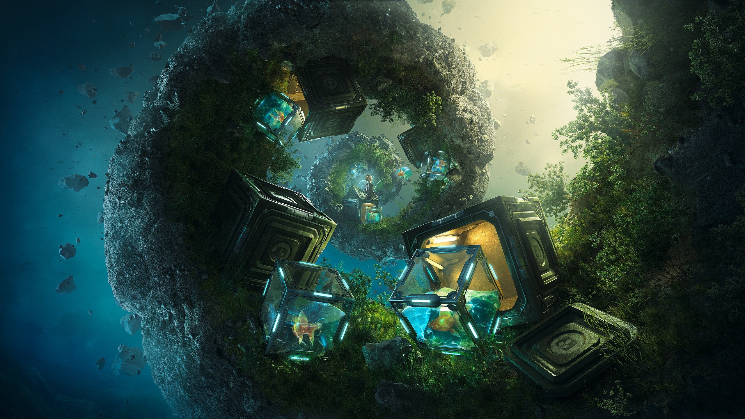Cubic and hexagonal habitats on a spiral rock formation HD Wallpaper