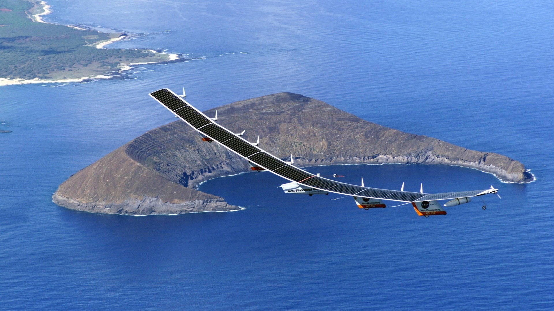 Solar Impulse airplane flying over islands and ocean HD Wallpaper