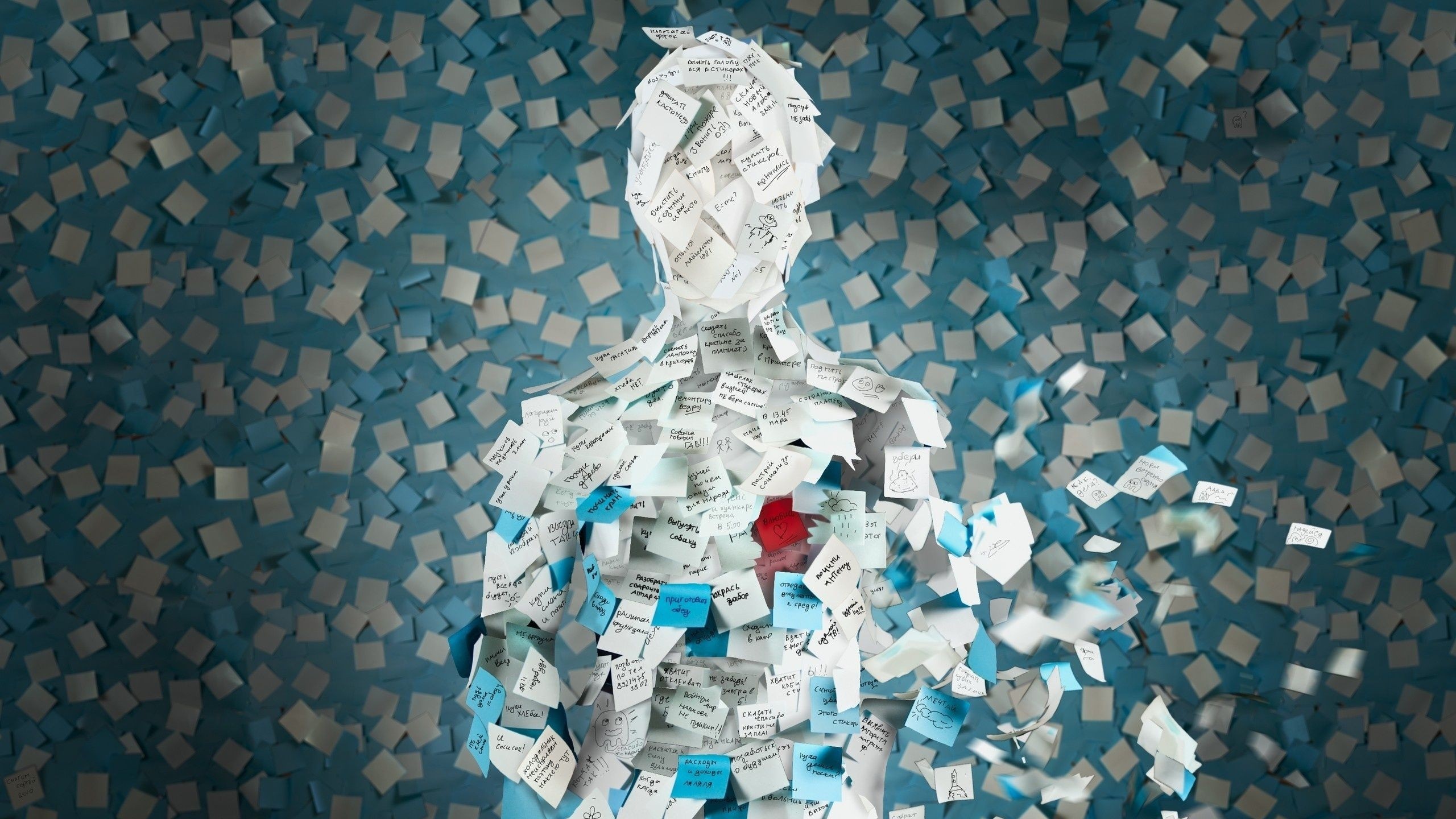 Human figure covered in sticky notes HD Wallpaper