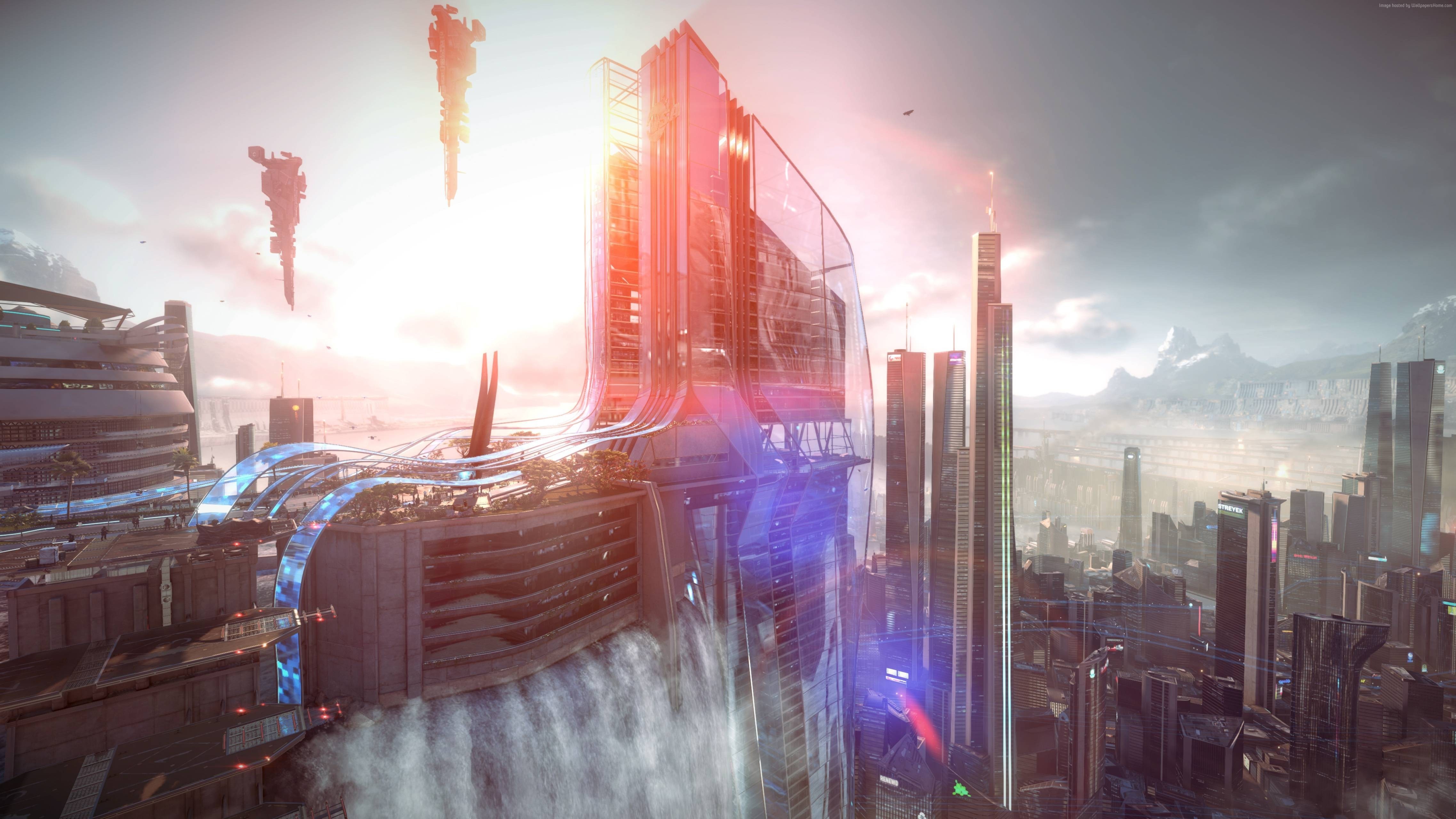 Futuristic city with waterfalls and flying vehicles HD Wallpaper