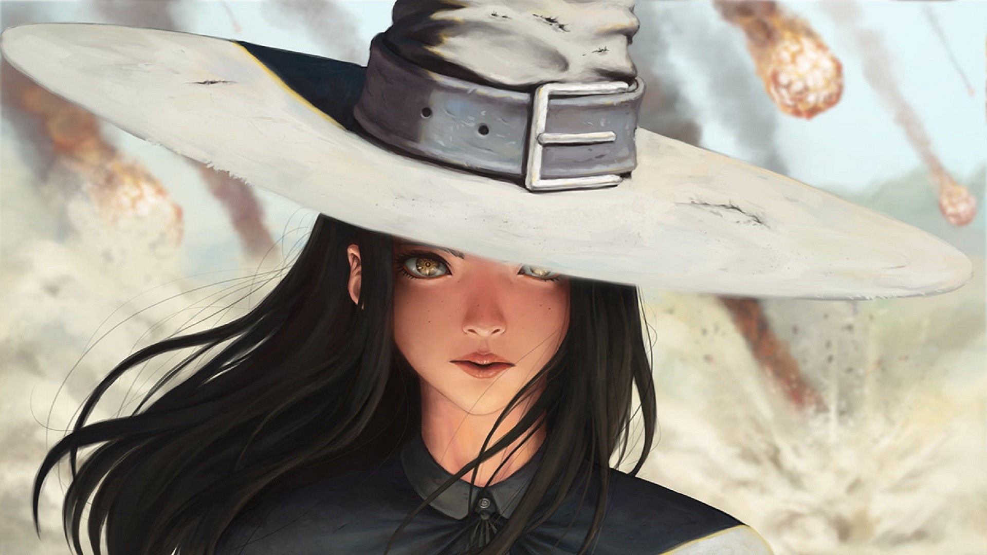 Girl in a large white hat with black hair HD Wallpaper