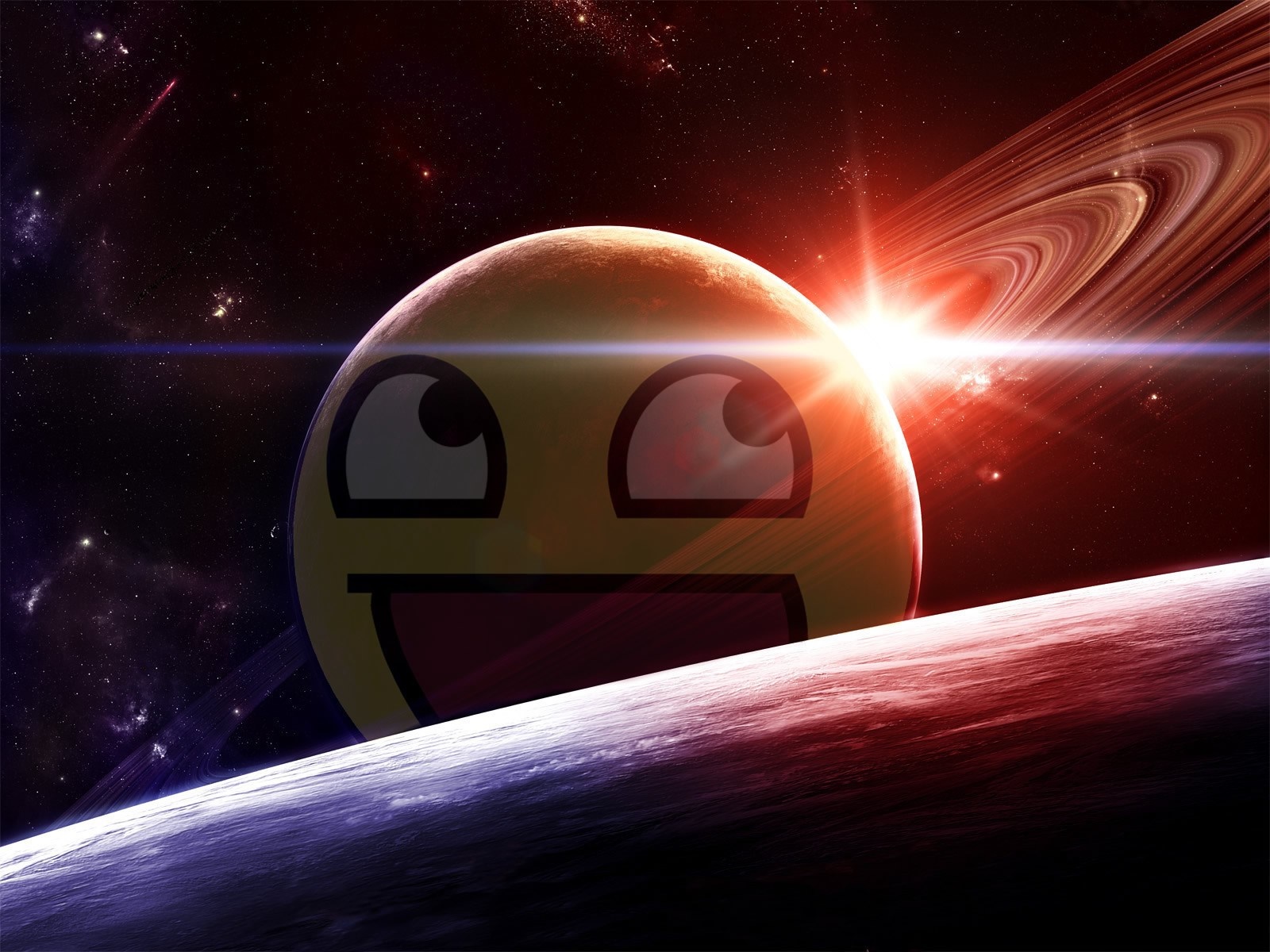 Awesome face planet in space with rings HD Wallpaper