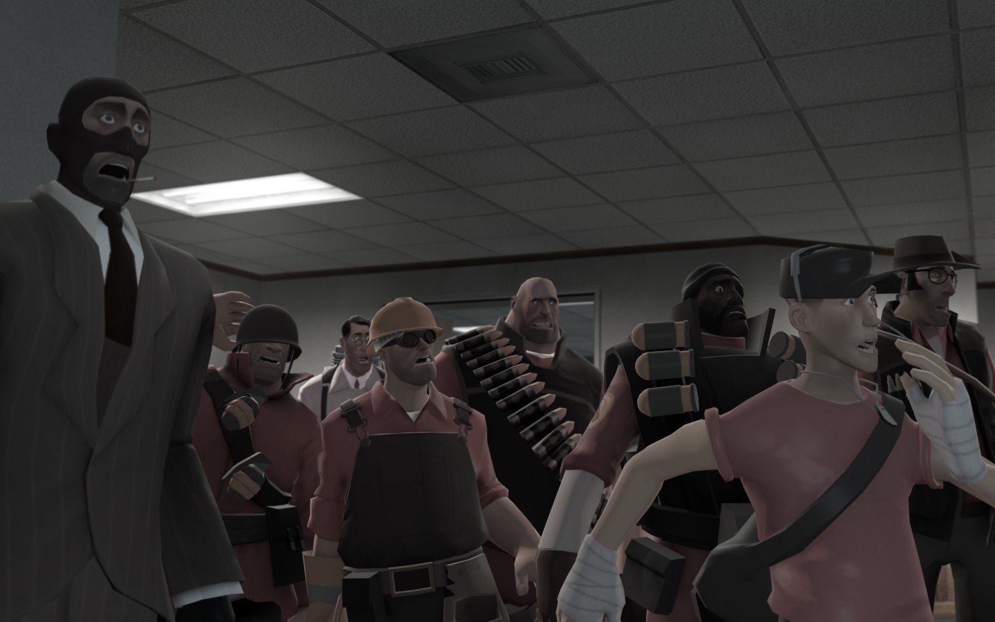 Team Fortress 2 characters in an office setting HD Wallpaper
