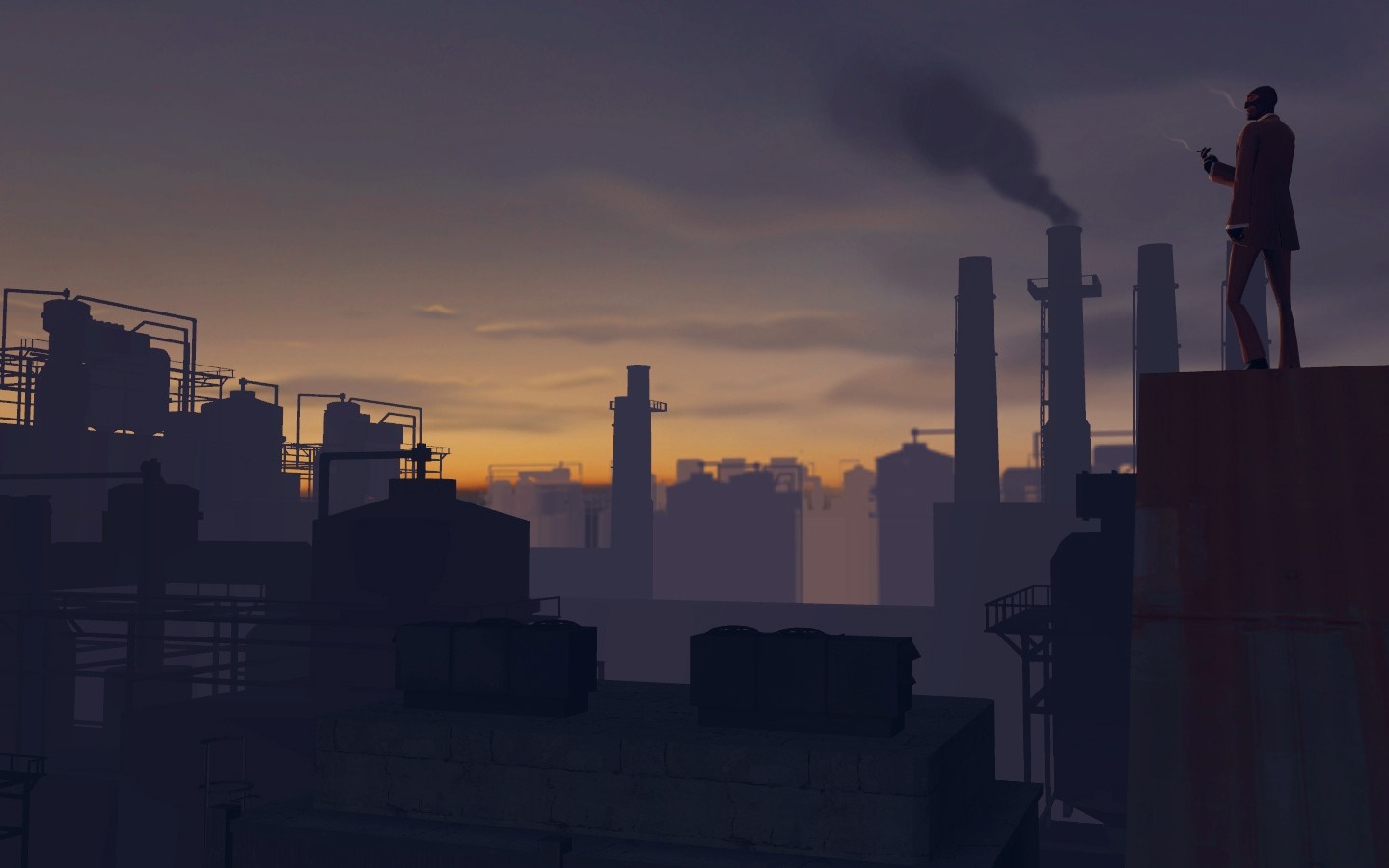 Man in suit smoking on rooftop overlooking industrial cityscape at sunset HD Wallpaper