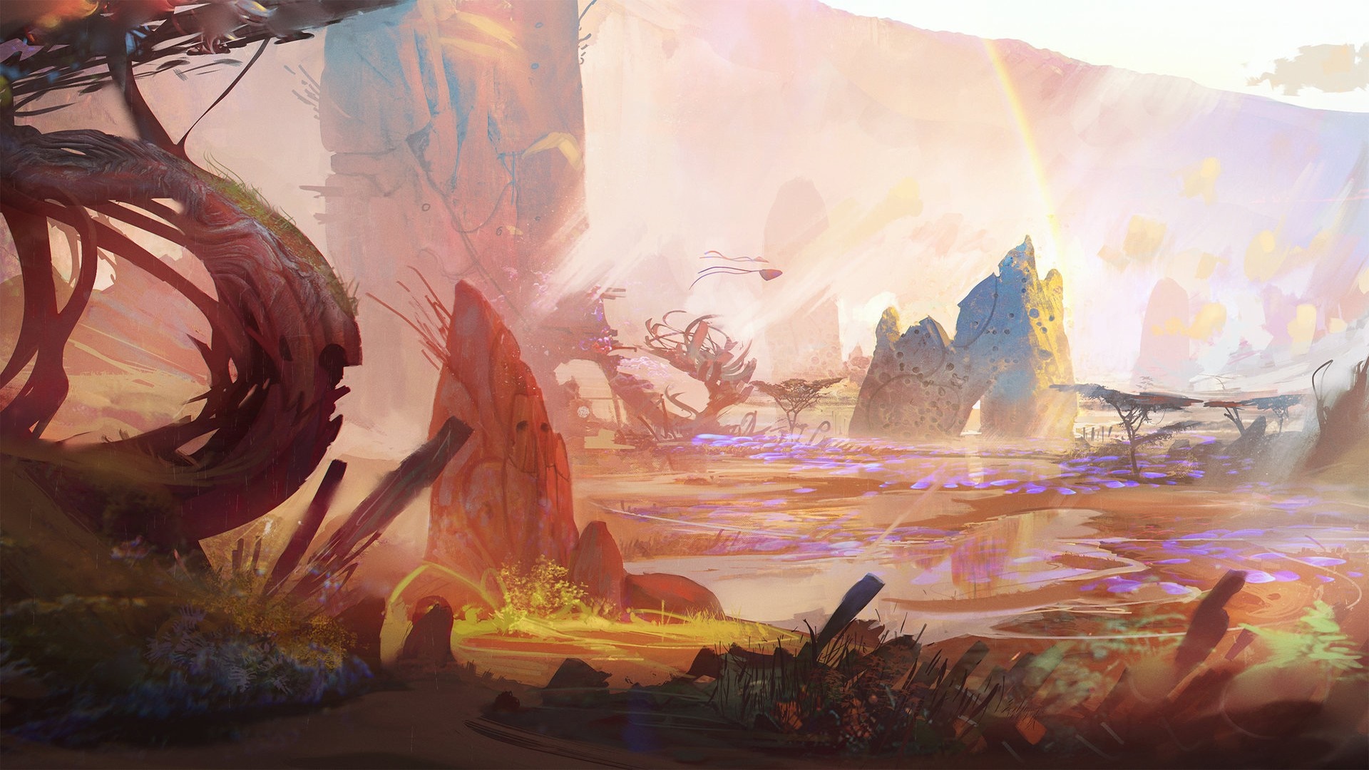 Fantasy landscape painting with surreal trees and rock formations HD Wallpaper