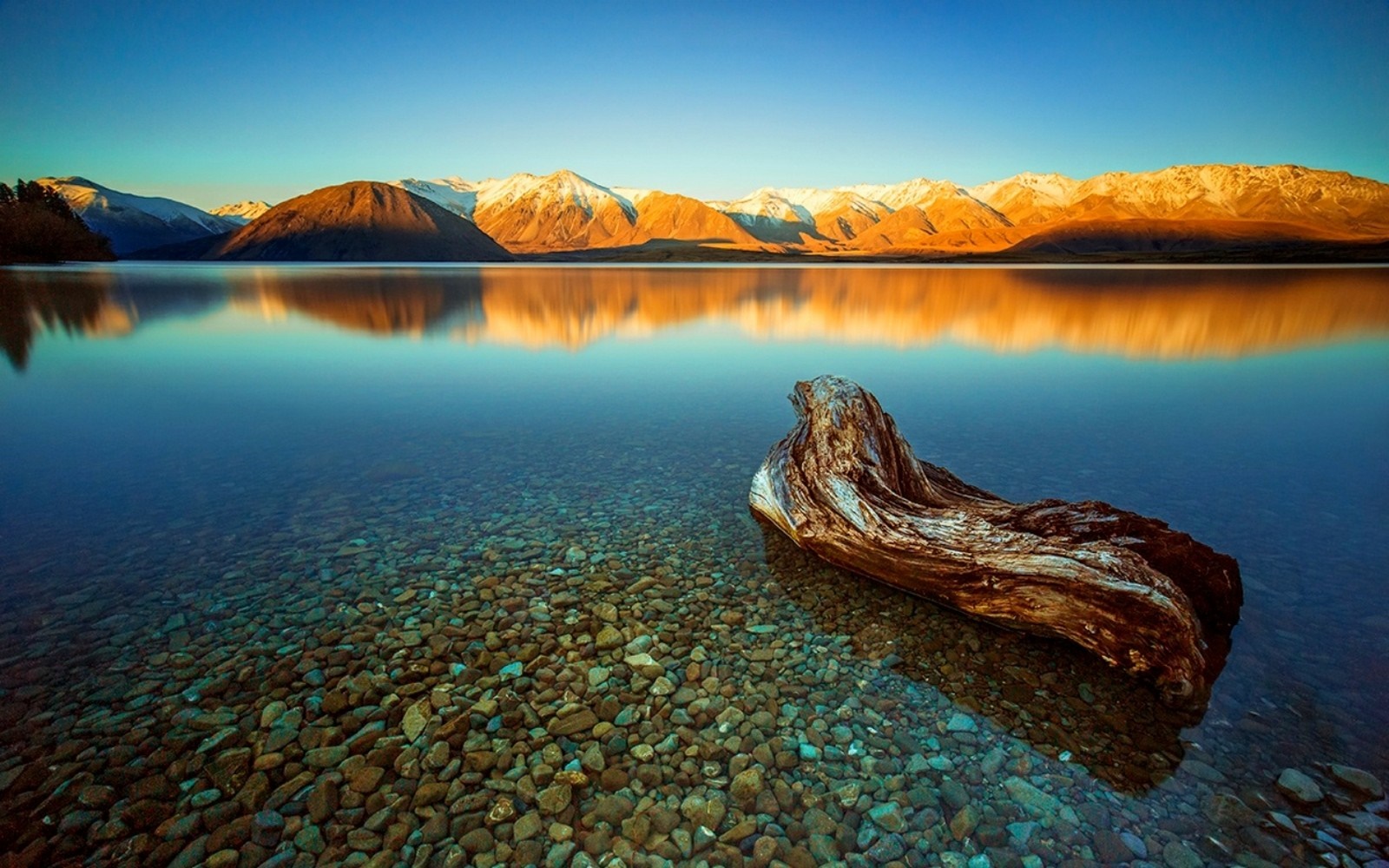 Lake reflection with mountains and driftwood HD Wallpaper
