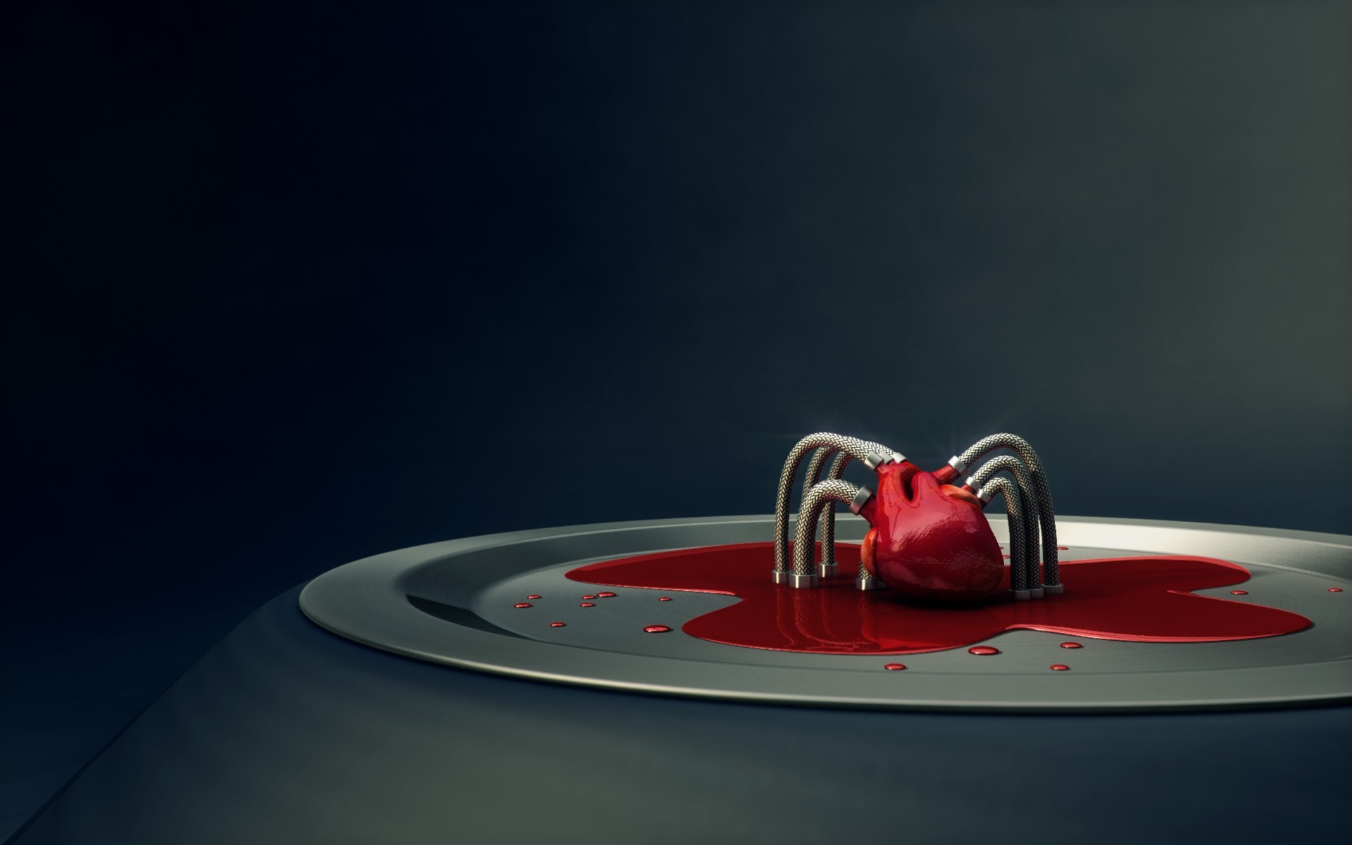 Mechanical heart on a platter with blood HD Wallpaper