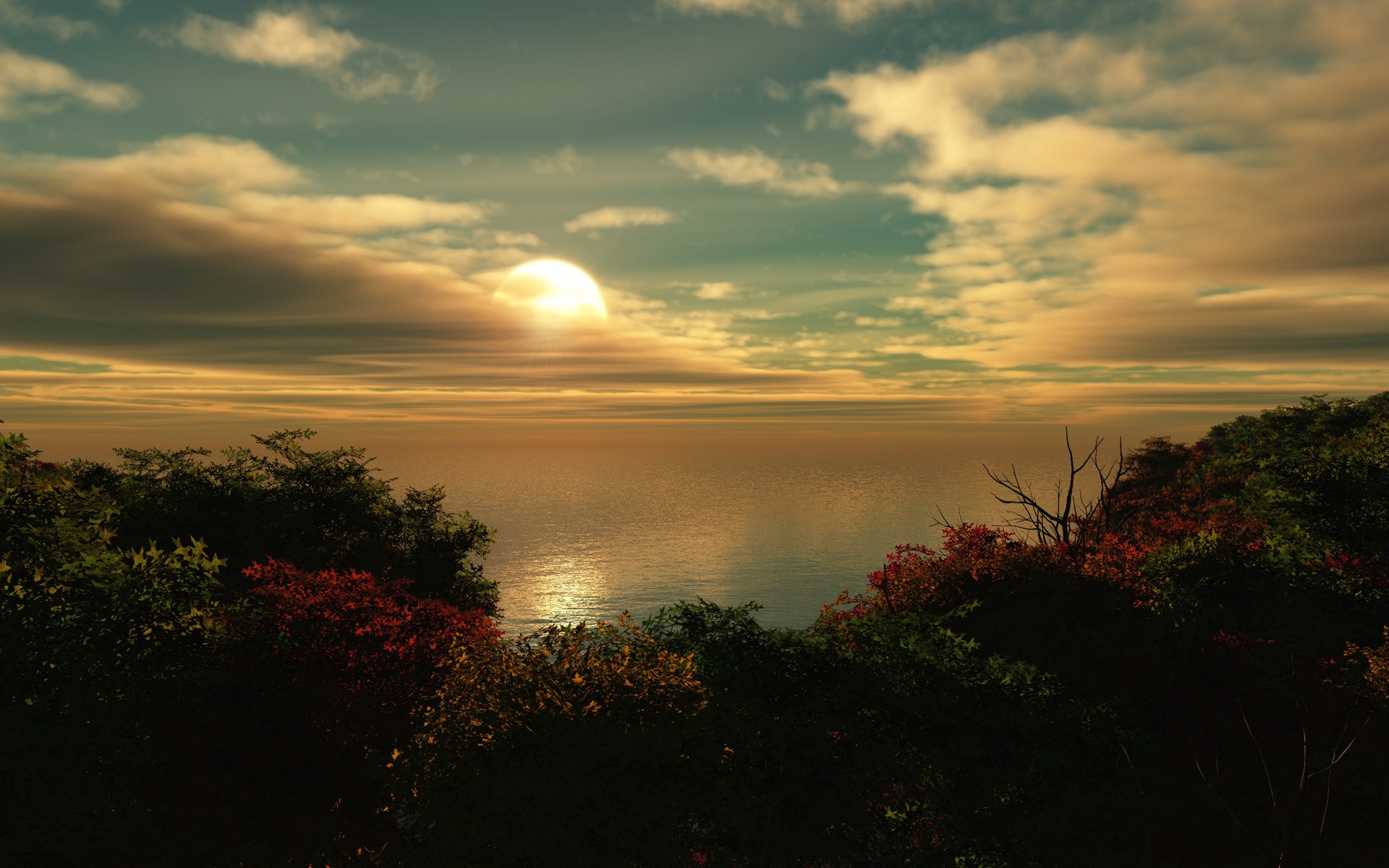 Sunset over the ocean with trees in the foreground HD Wallpaper