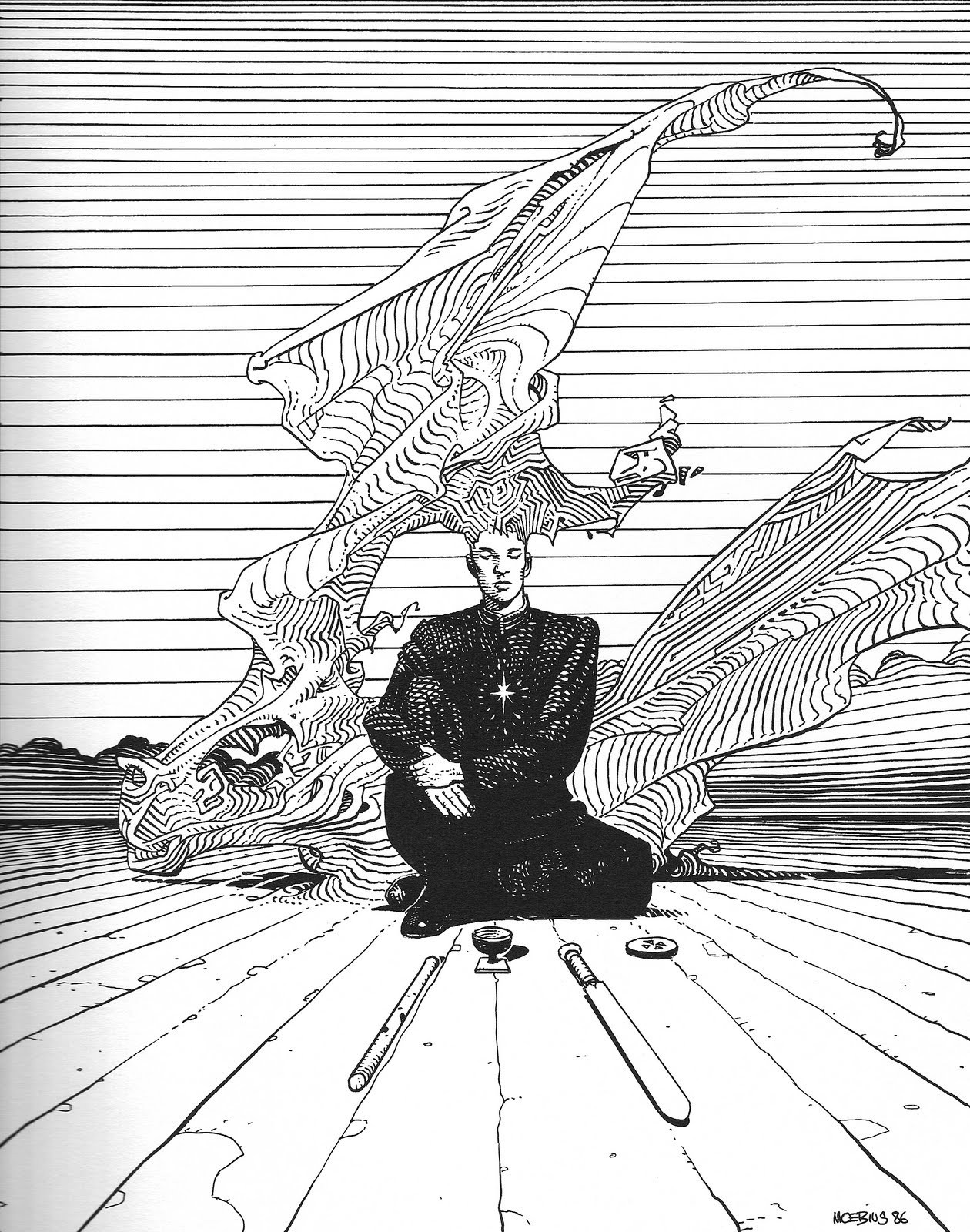 Man meditating with dragon wings and swords HD Wallpaper