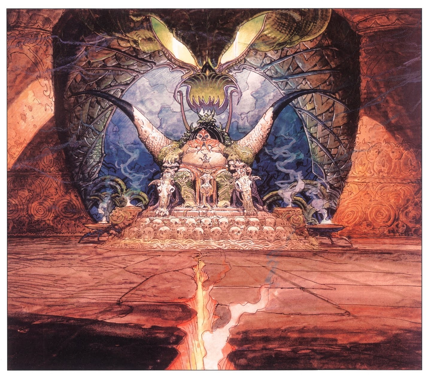 Painting of a throne room with a monstrous figure HD Wallpaper