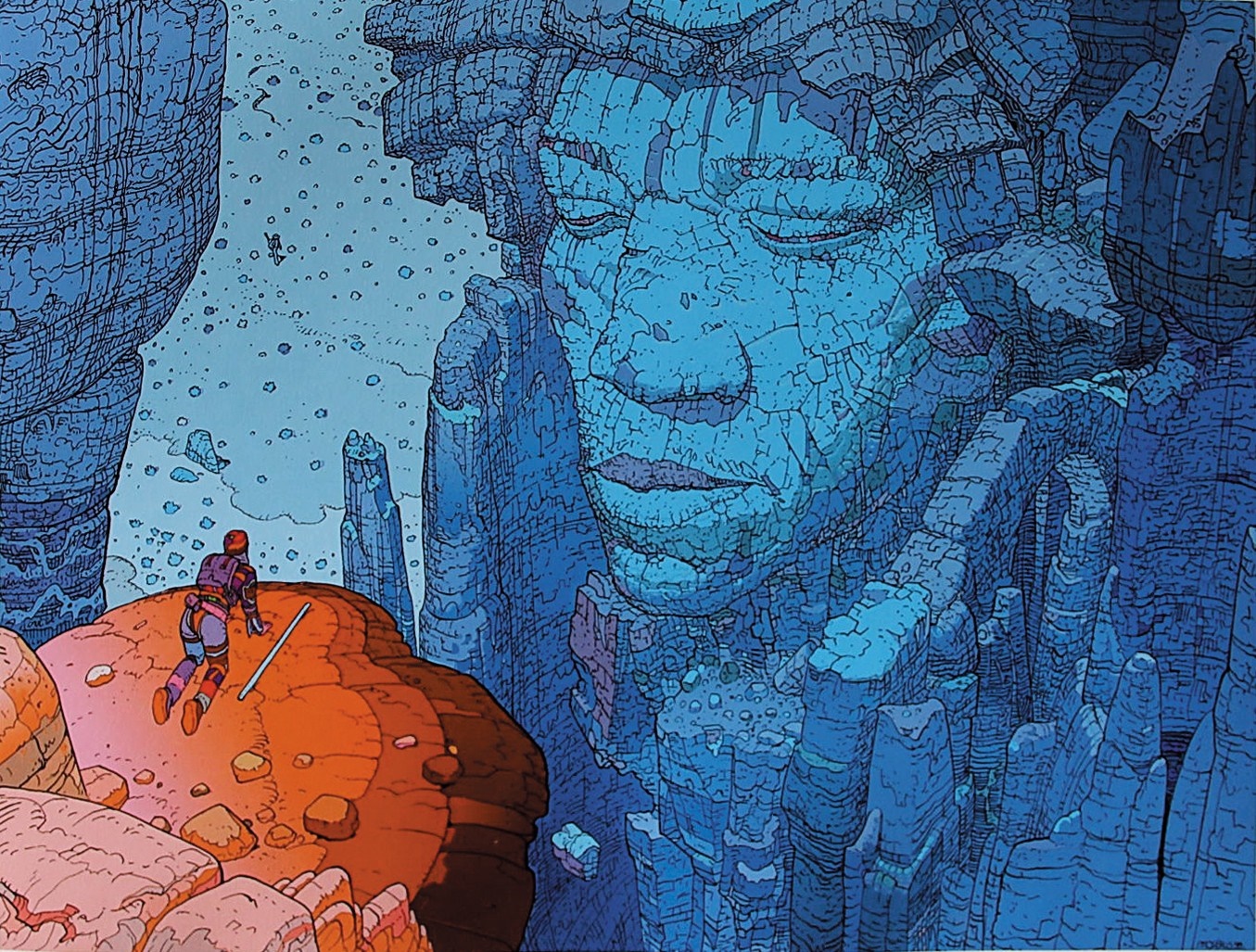 Mœbius illustration of a figure in a blue rocky landscape HD Wallpaper