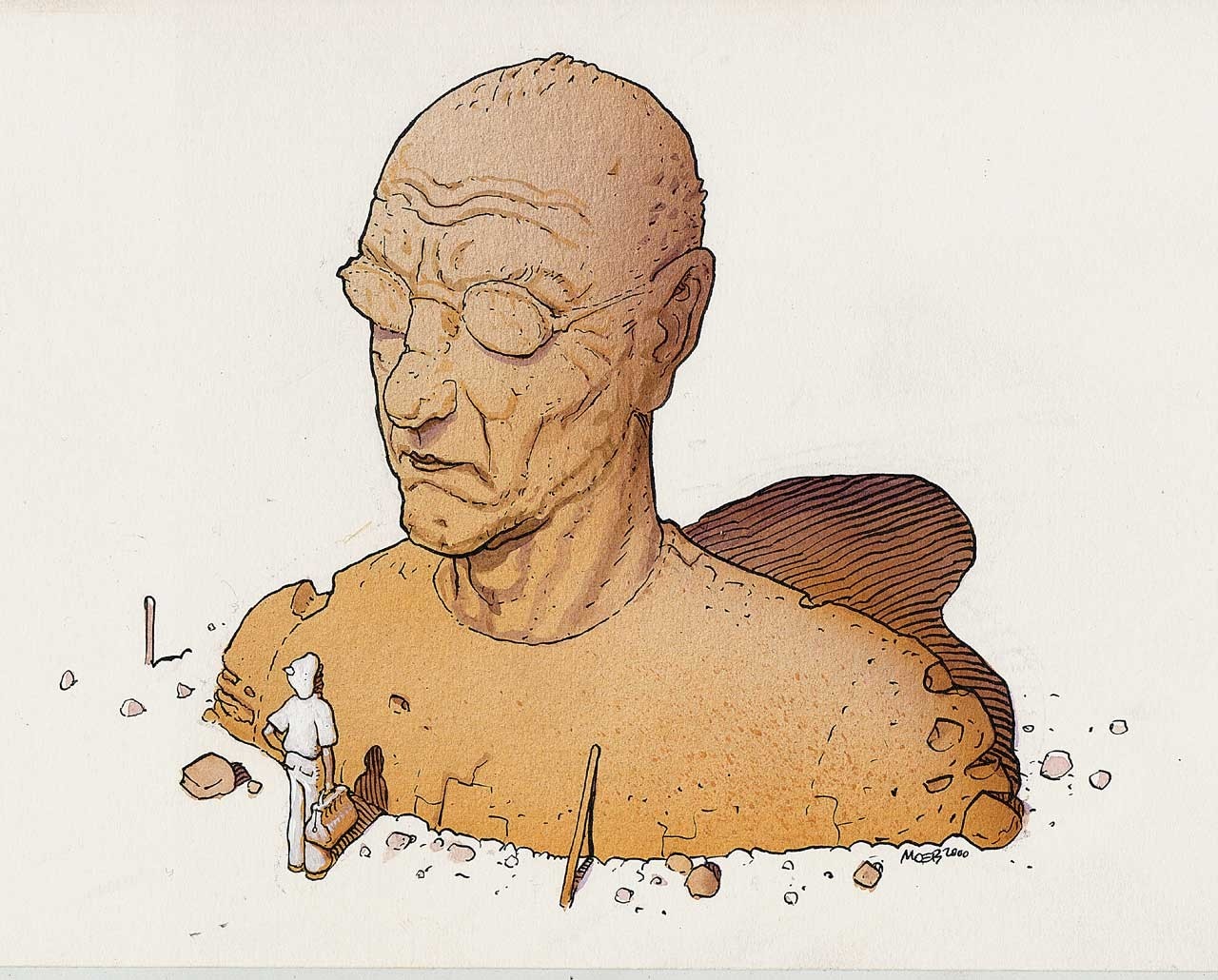 Drawing of a large stone head sculpture by Mœbius HD Wallpaper