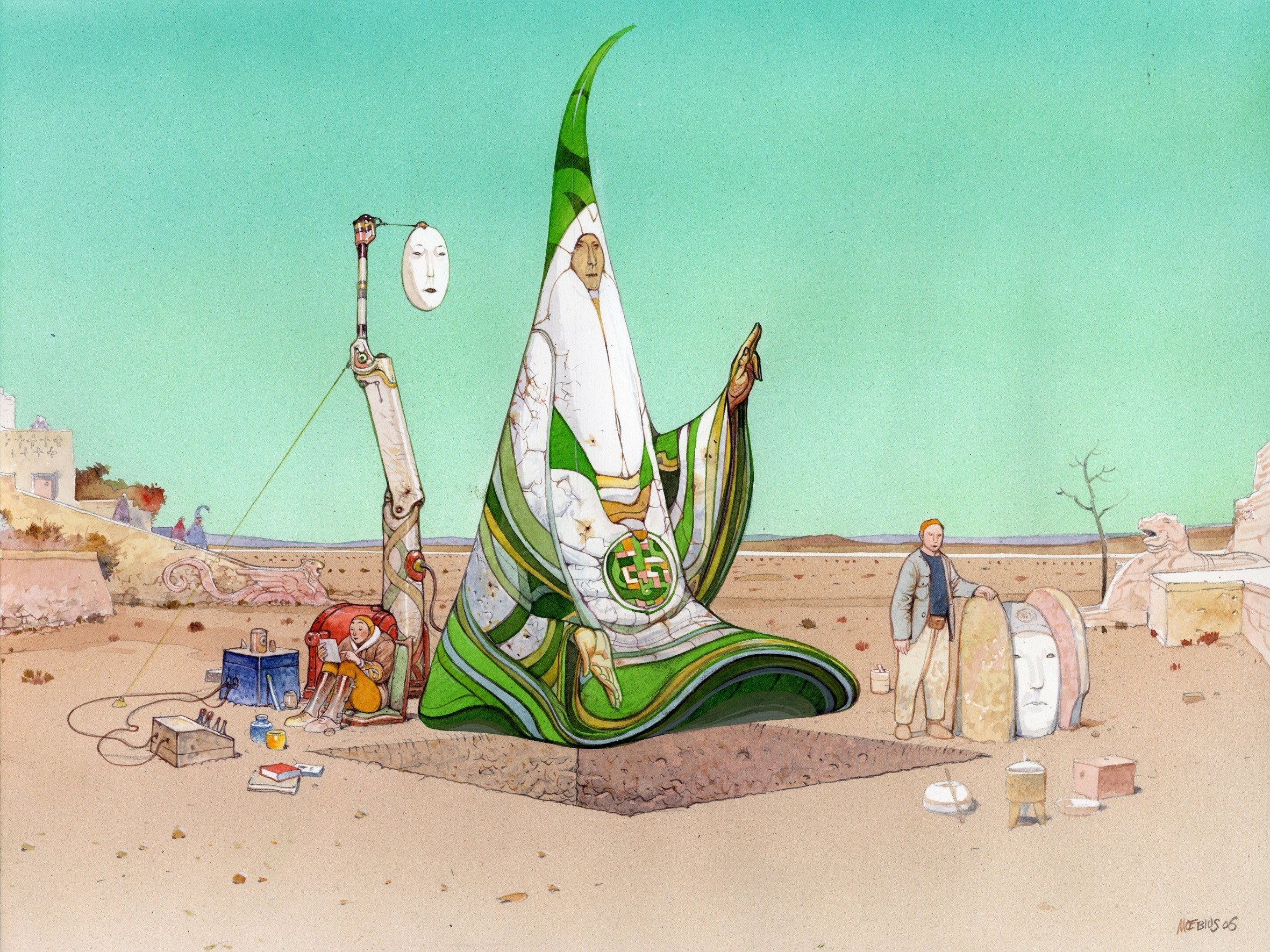 Mœbius painting of figures in a desert landscape HD Wallpaper