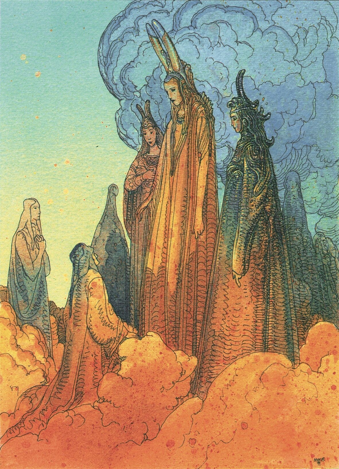 Figures in a surreal landscape by Mœbius HD Wallpaper