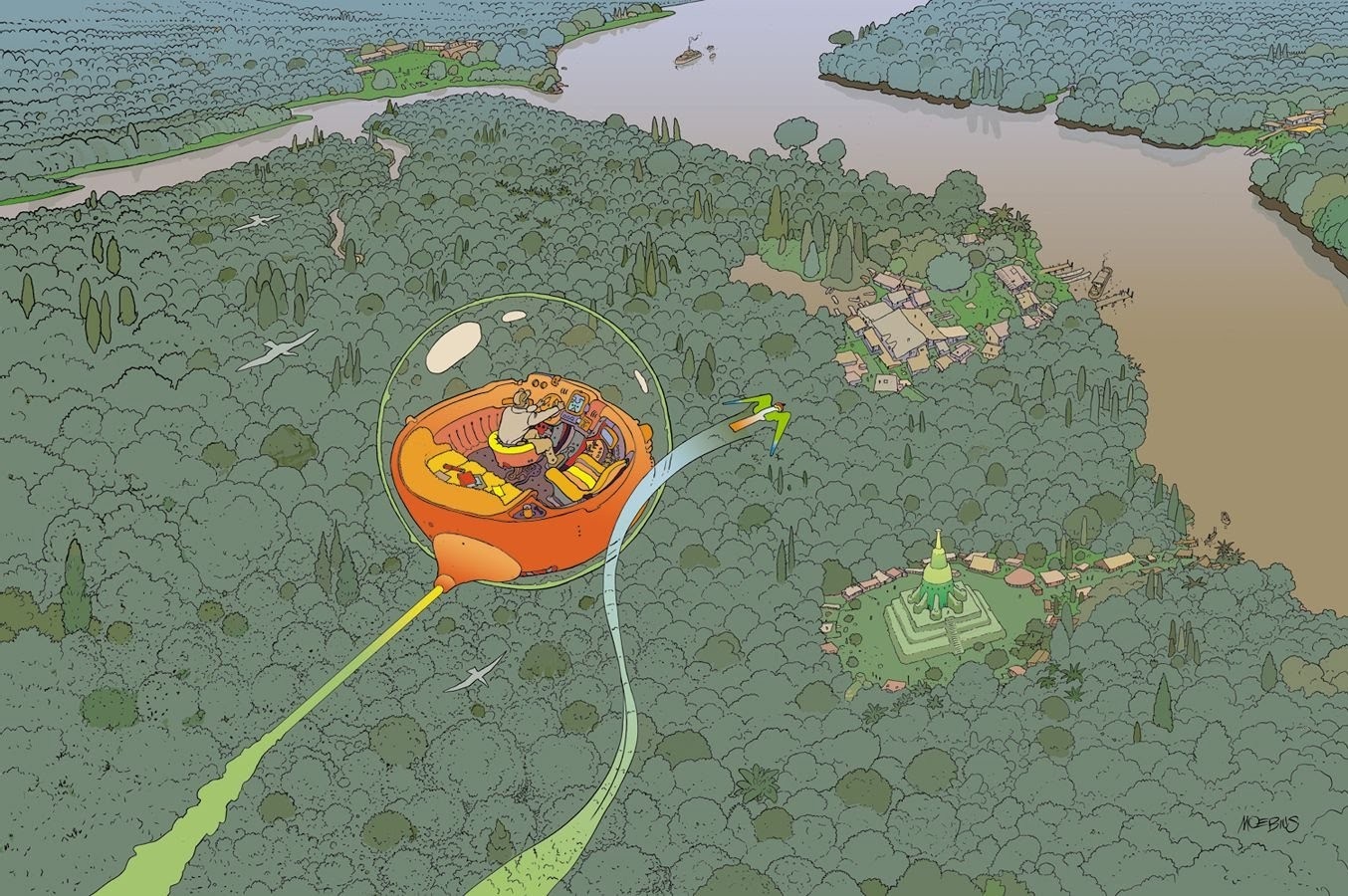 Mœbius illustration of a futuristic vehicle flying over a forest HD Wallpaper