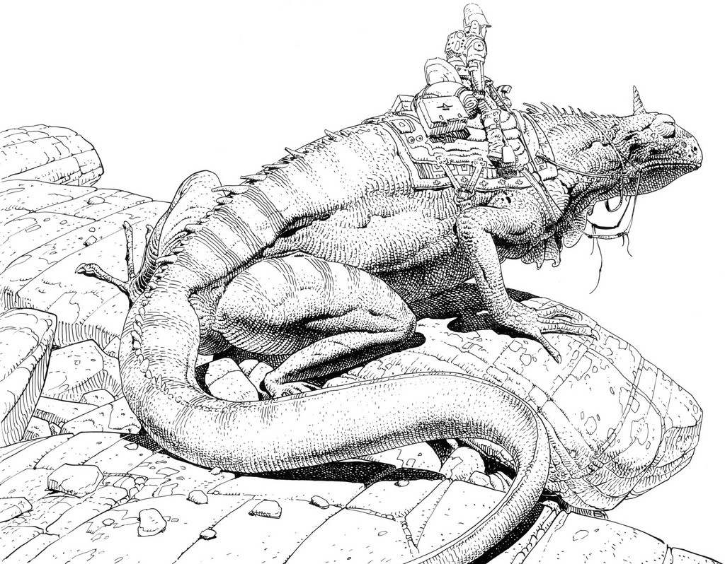 Man riding a lizard on rocks, line art illustration HD Wallpaper