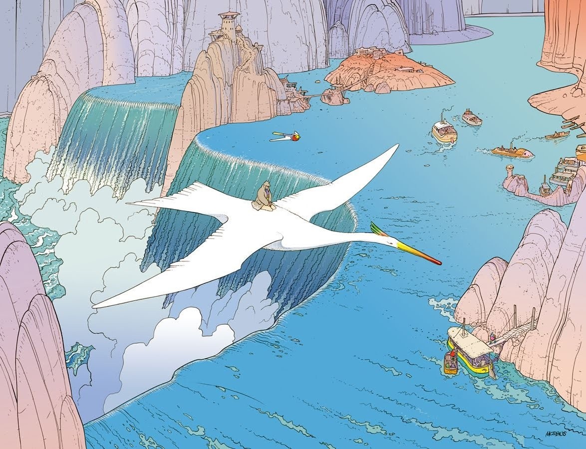 Man riding a giant bird over waterfalls and boats HD Wallpaper