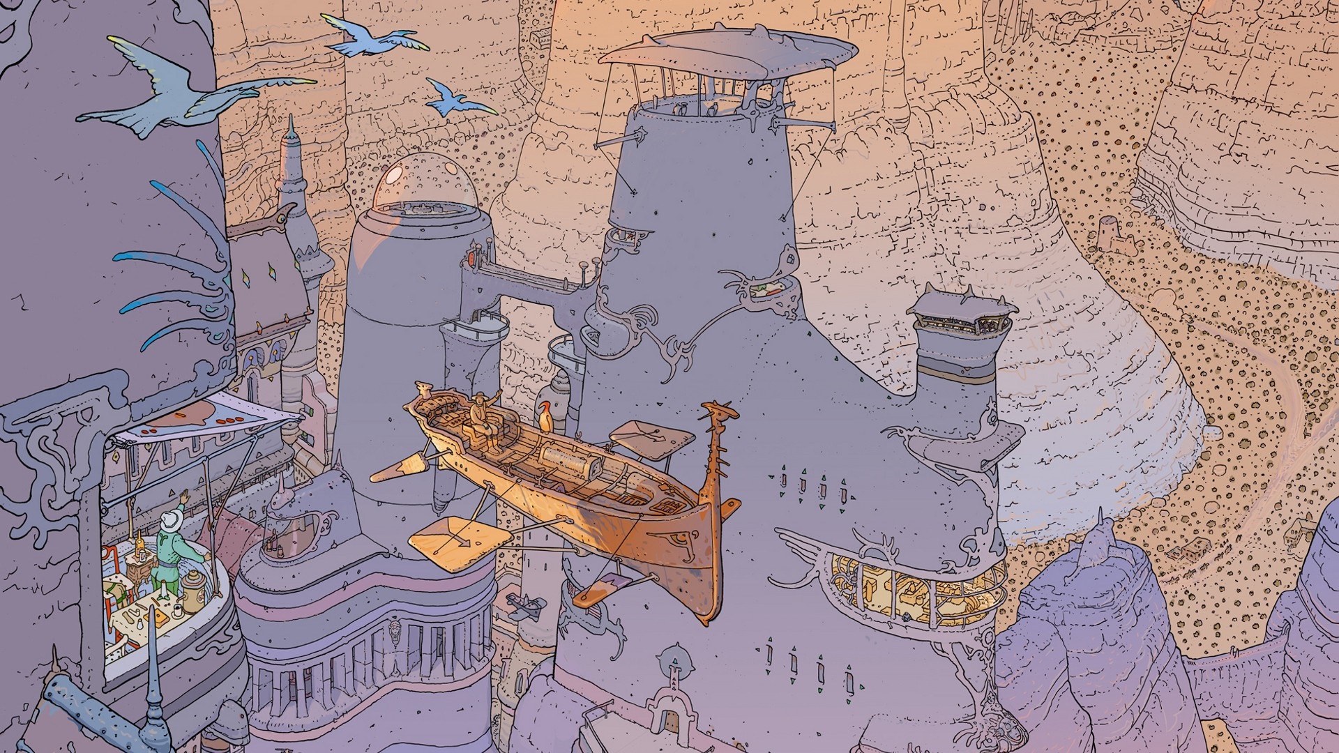 Mœbius illustration of a futuristic city in a canyon HD Wallpaper