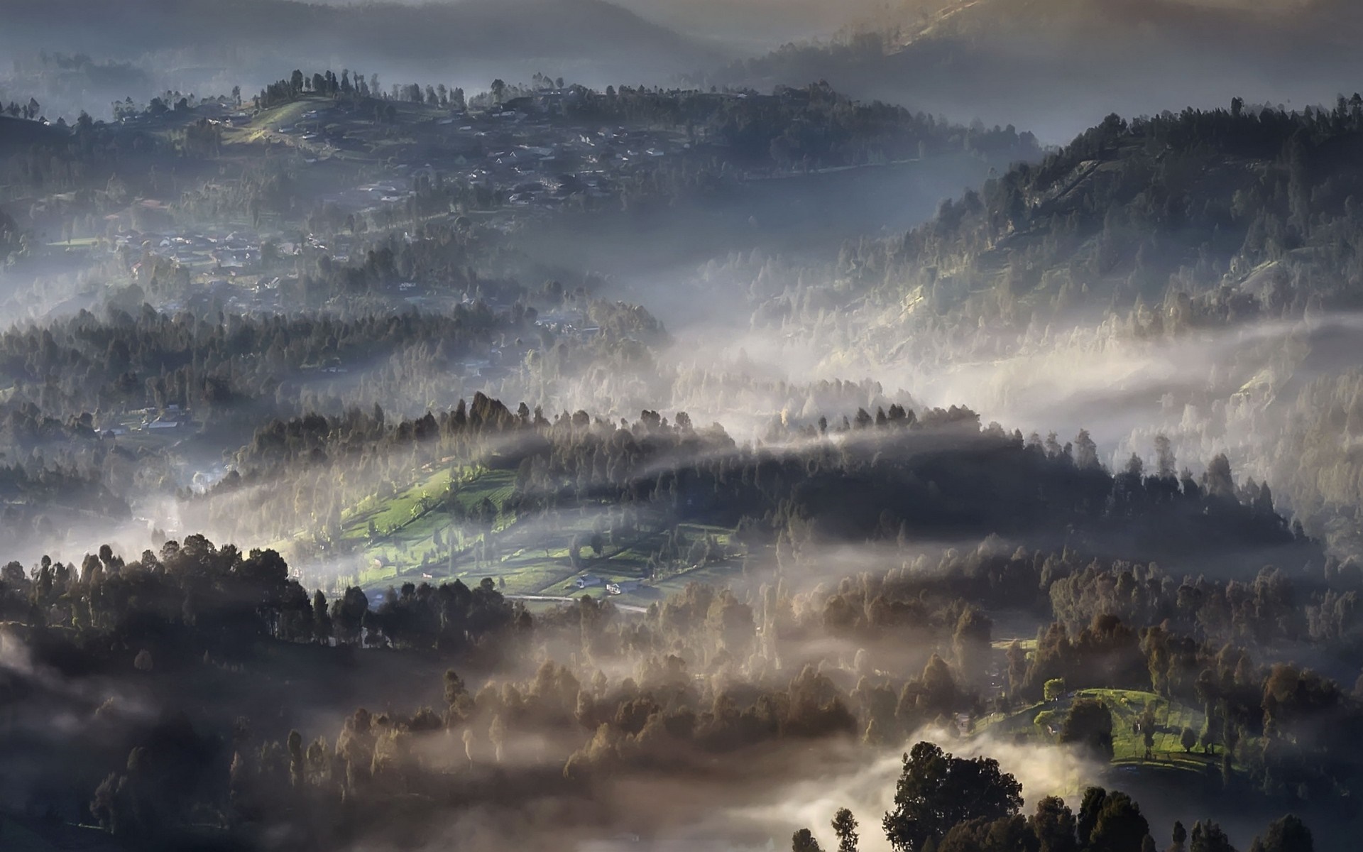 Misty mountains with sunlight filtering through trees HD Wallpaper