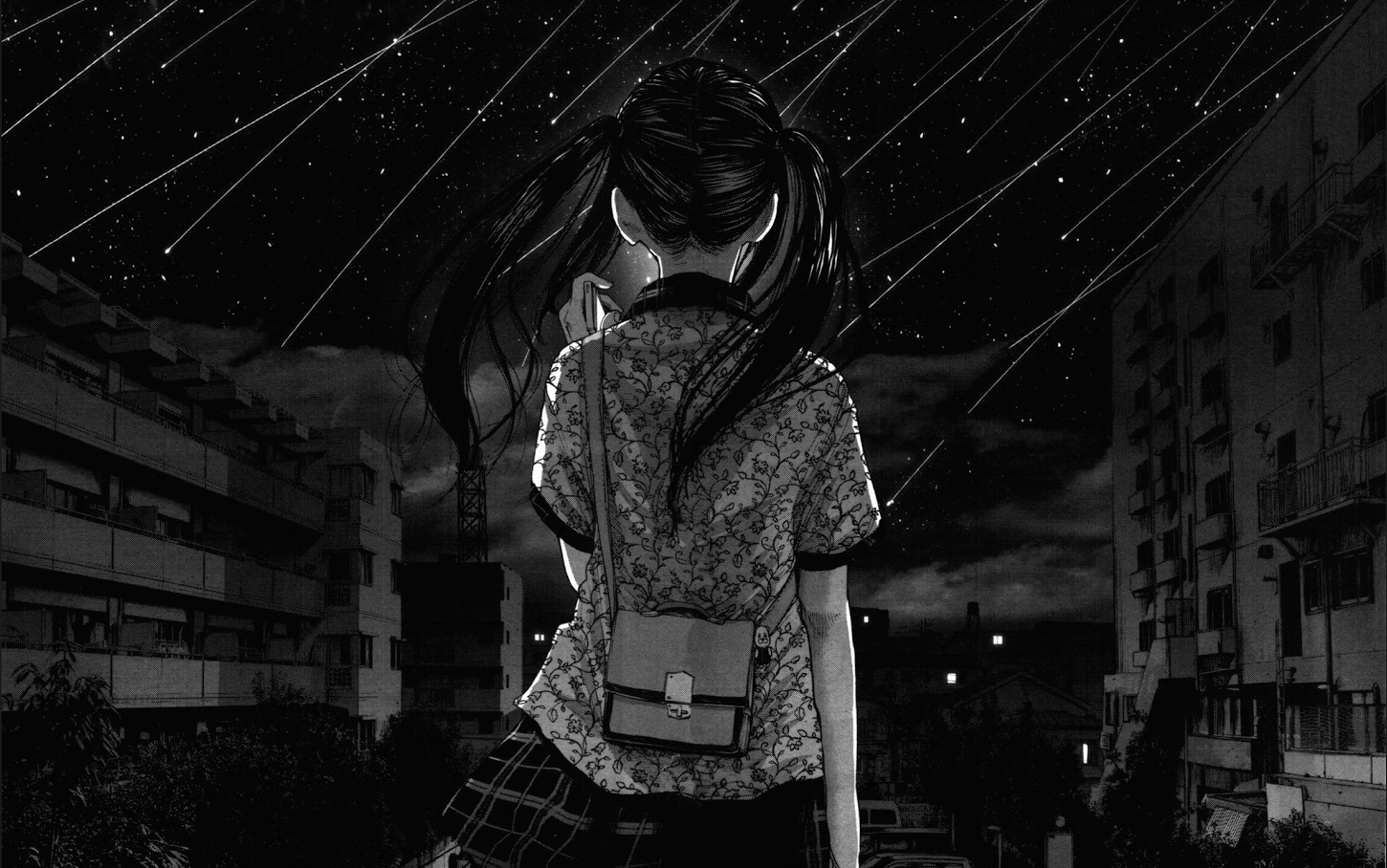 Girl with pigtails looking at meteor shower over city HD Wallpaper