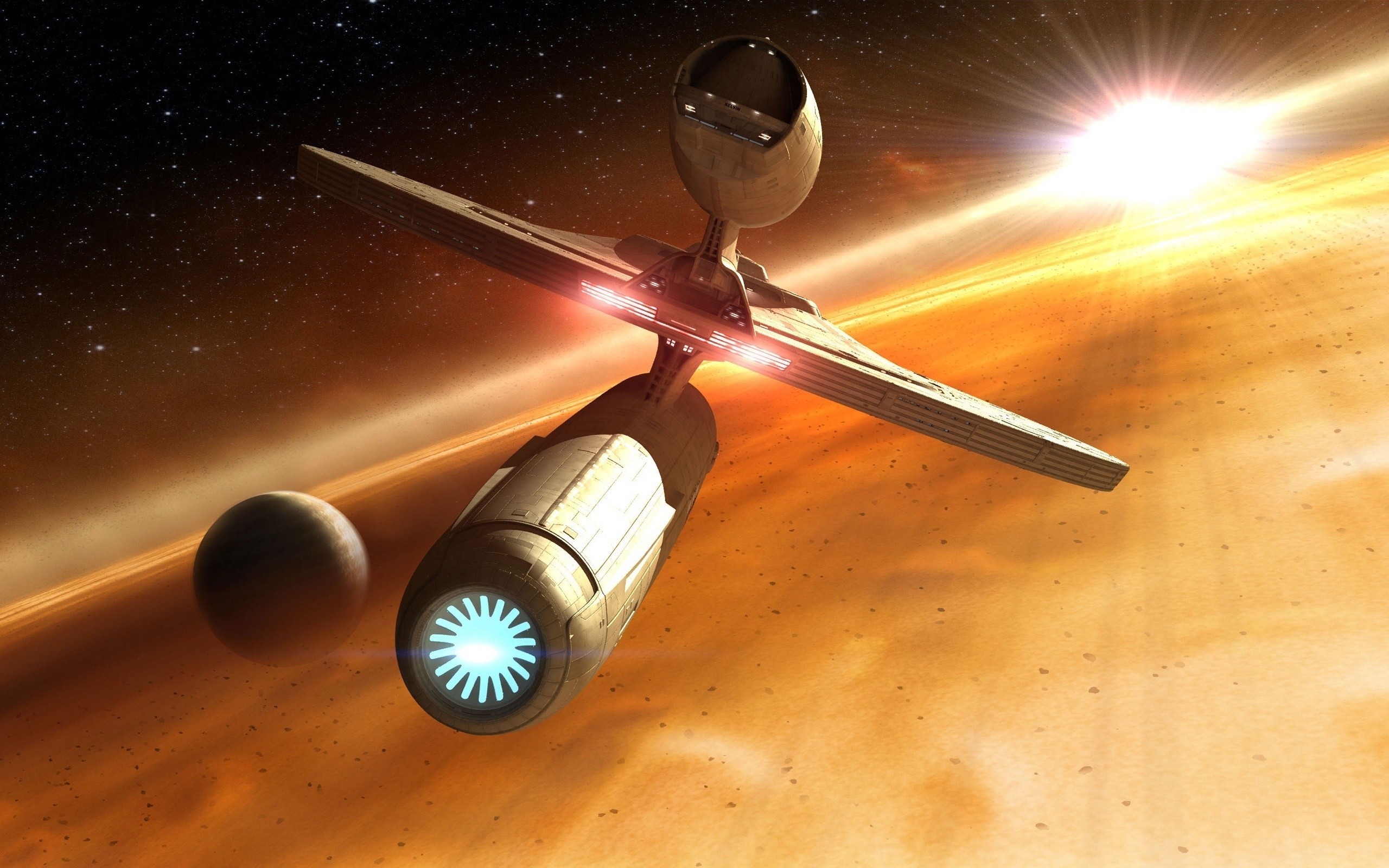 Spaceship near a planet with a bright sun HD Wallpaper