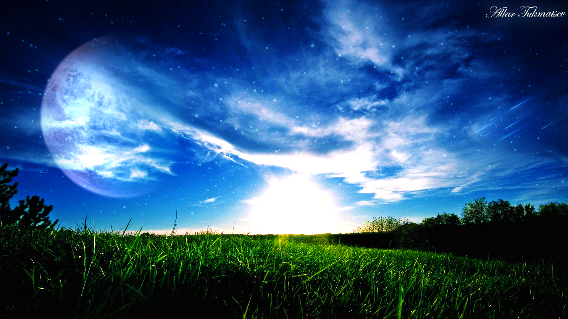 Fantasy landscape with large moon and sun over grassland HD Wallpaper