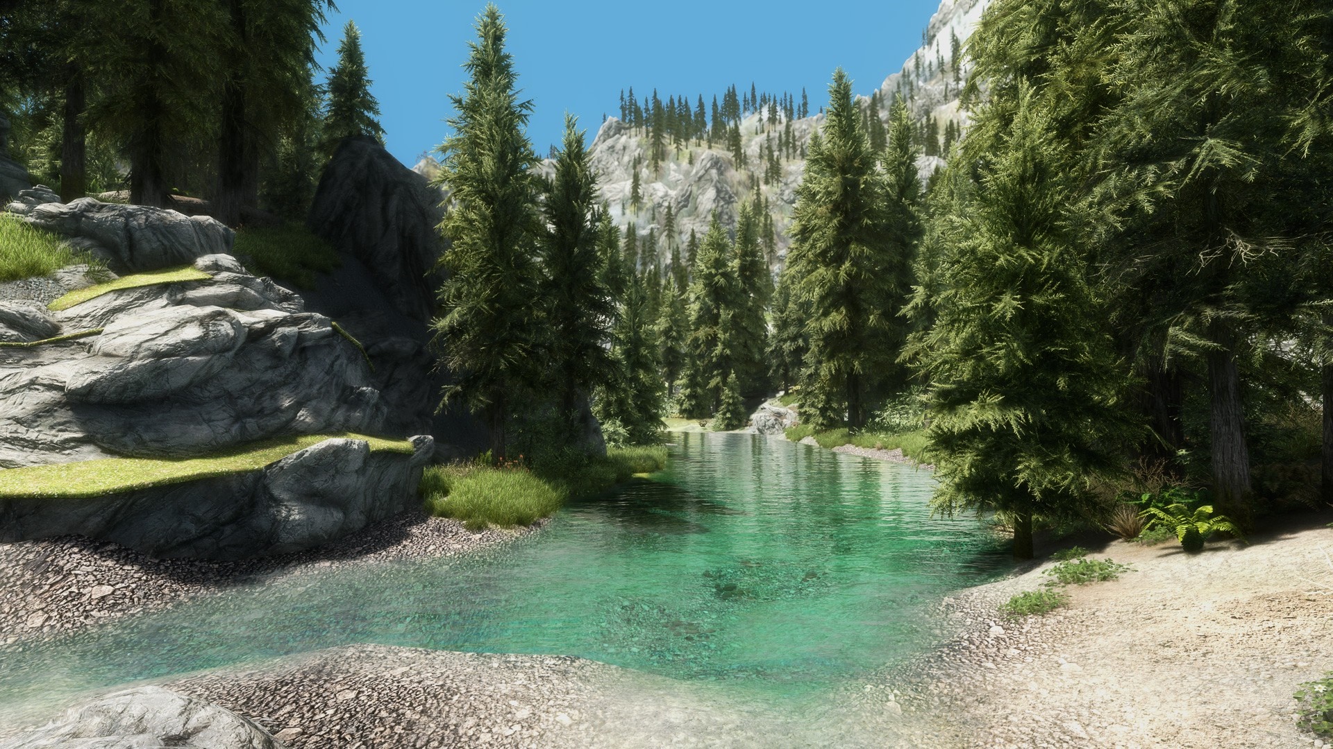 The Elder Scrolls V Skyrim landscape with lake and mountains HD Wallpaper