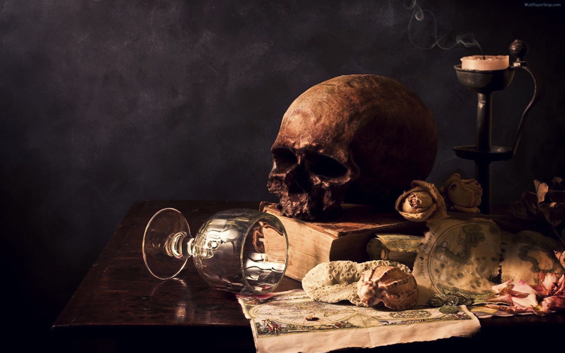 Still life with skull, book, and candle HD Wallpaper