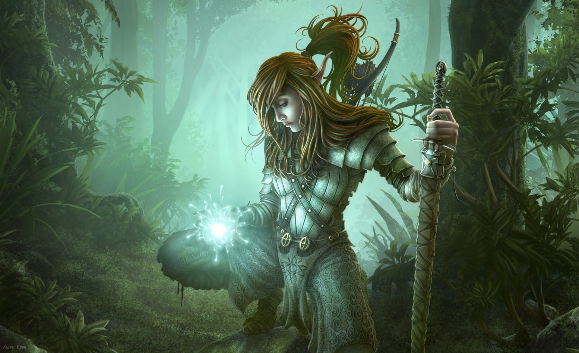 Elf warrior with glowing magic in a misty forest HD Wallpaper