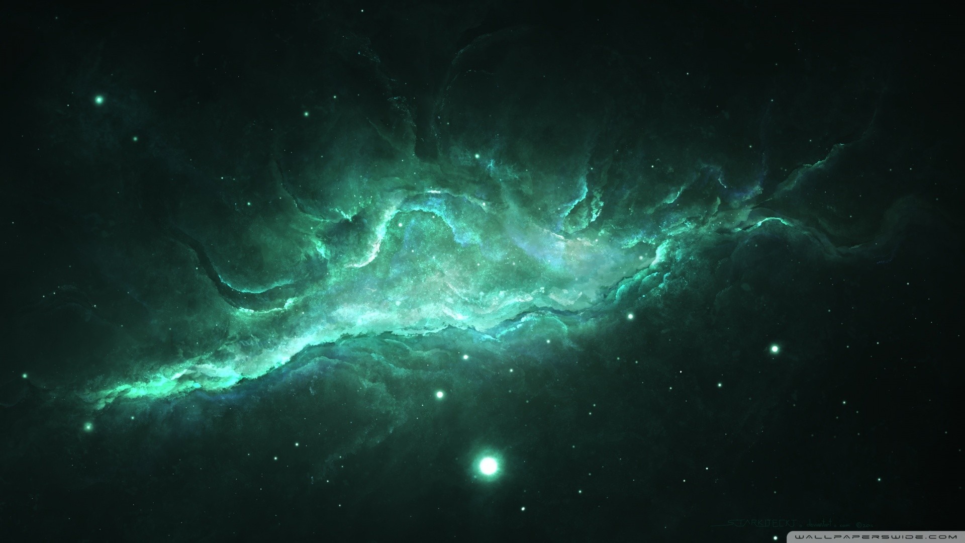 Green nebula in outer space with stars HD Wallpaper